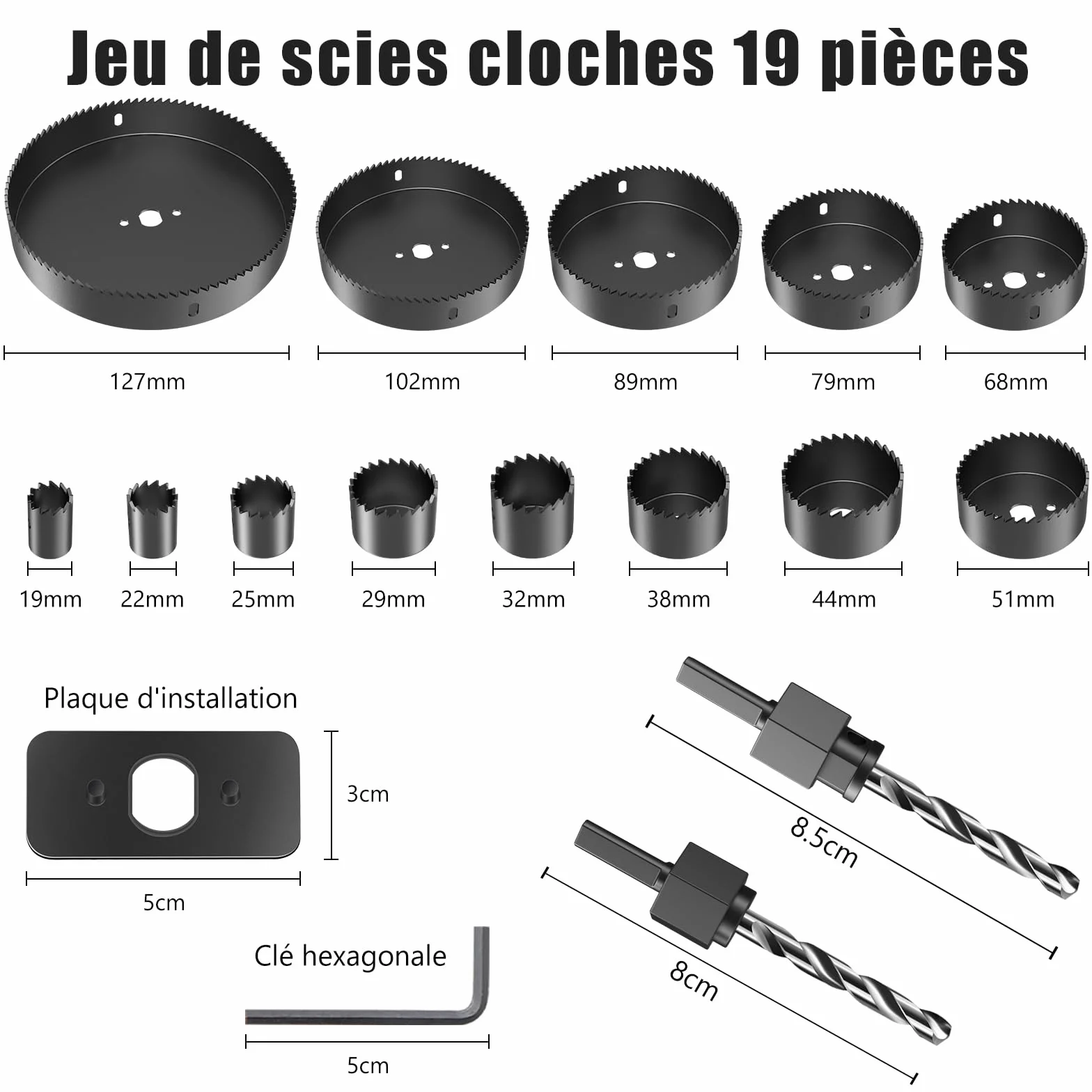 HYCHIKA Scie Cloche Bois, 19pcs Coffret Scie Cloche Circulaires, Diamètre 19-127 mm, Perceuse idéale pour les Planches en Bois Minces, les Plaques en PVC et en Plastique