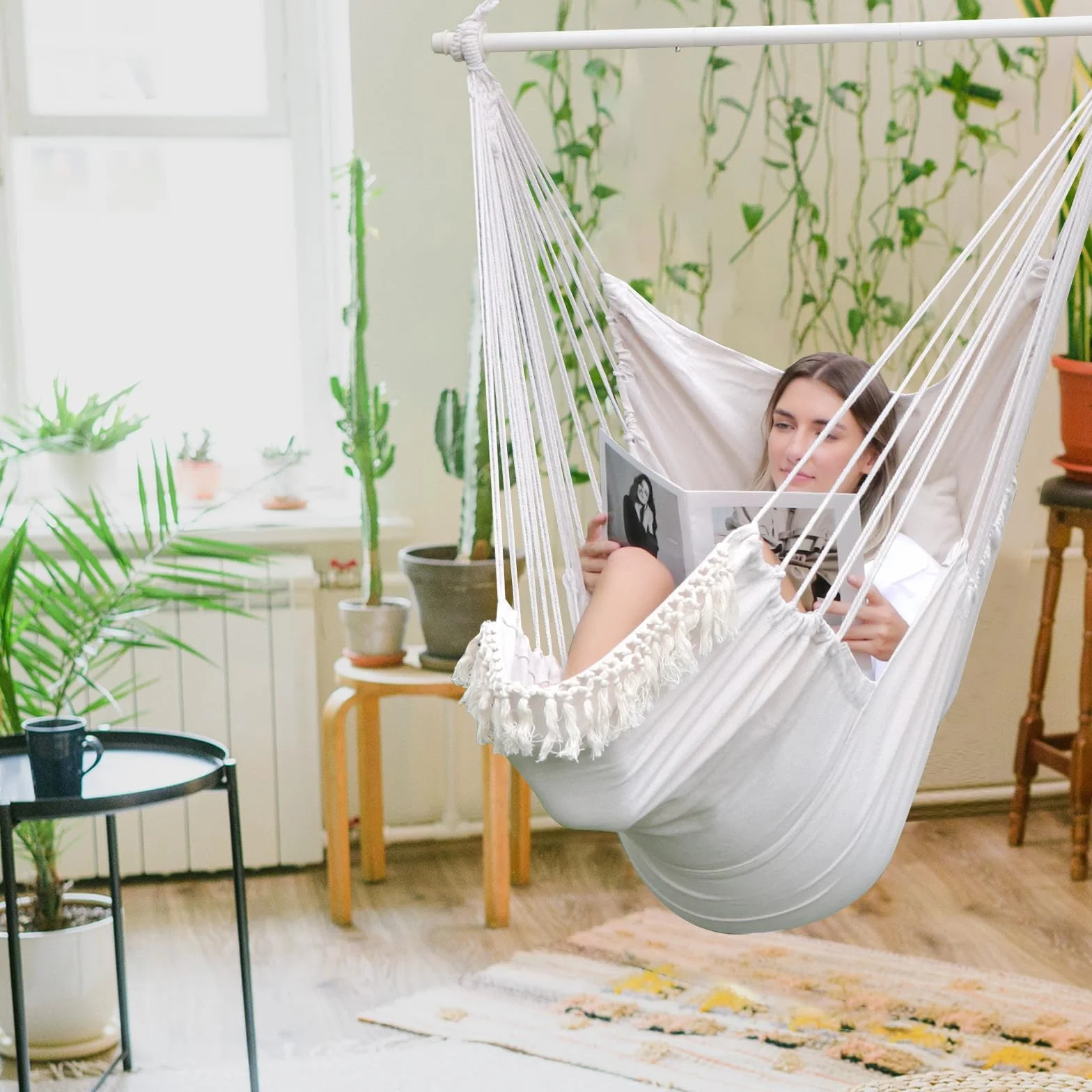 Chihee Chaise Hamac Balançoire Suspendue avec Coussins Repose-Pieds, Sangle et Mousqueton, Barre Métal Repliable Coton Tissé Poche Latérale