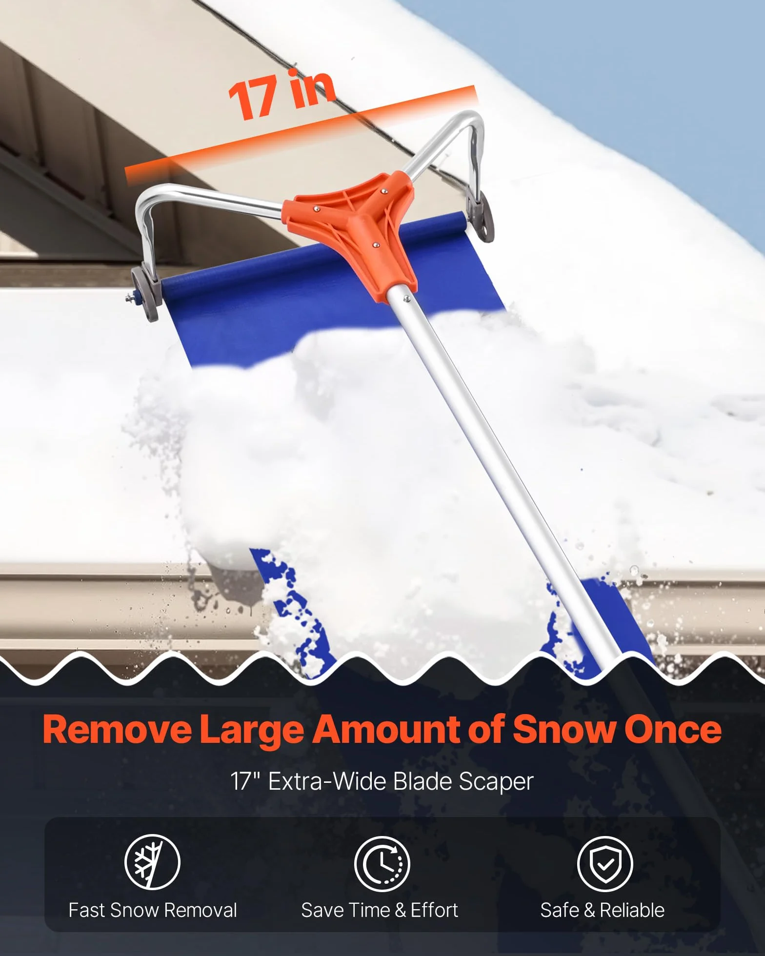 VEVOR Râteau à Neige de Toit 43 cm Réglable 1,25-5,24 m Lame Aluminium Roues Poignée Antidérapante