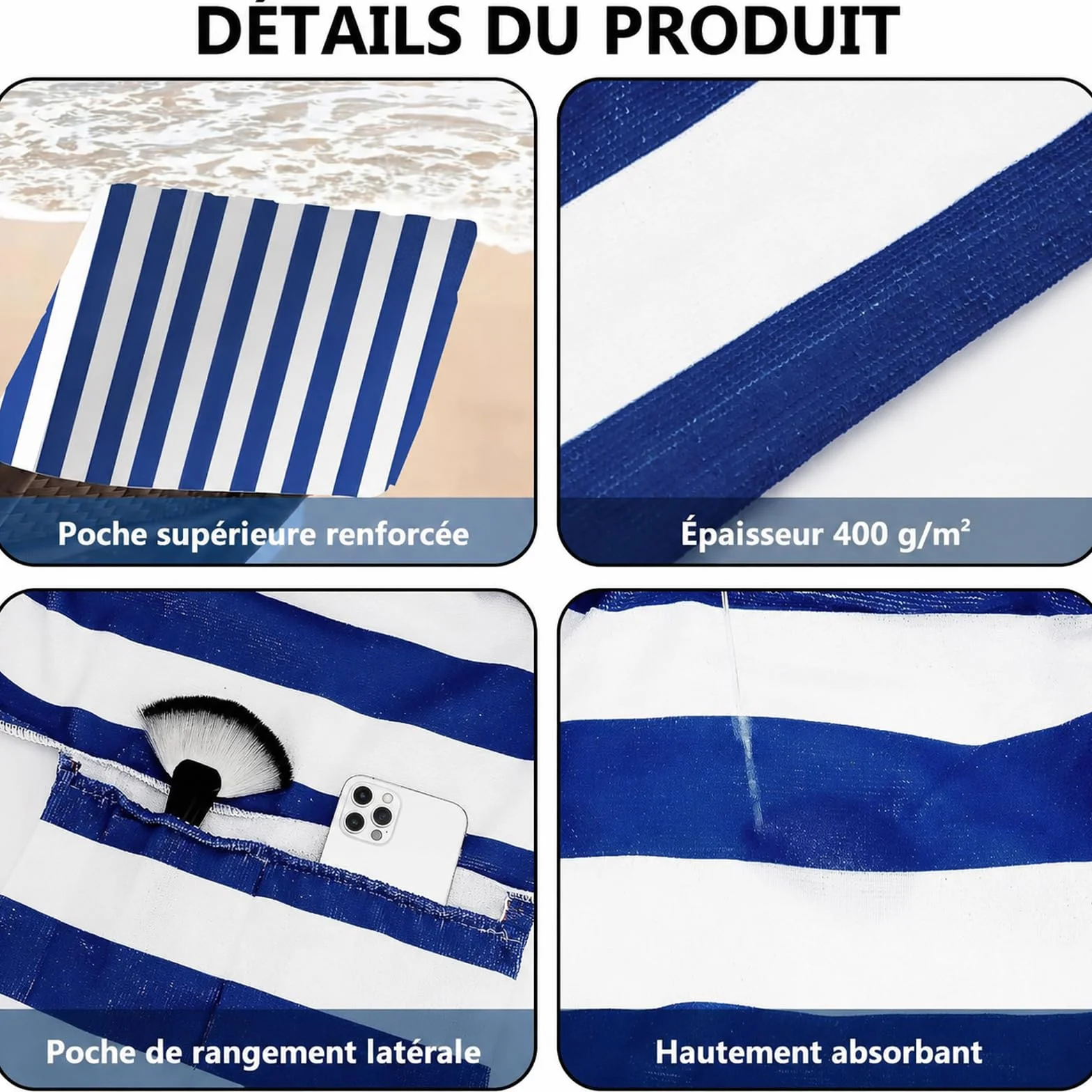 Housses de Chaise de Plage en Microfibre 210 x 73 cm, Serviettes de Transat avec Poches Latérales, Rayées Bleu et Blanc
