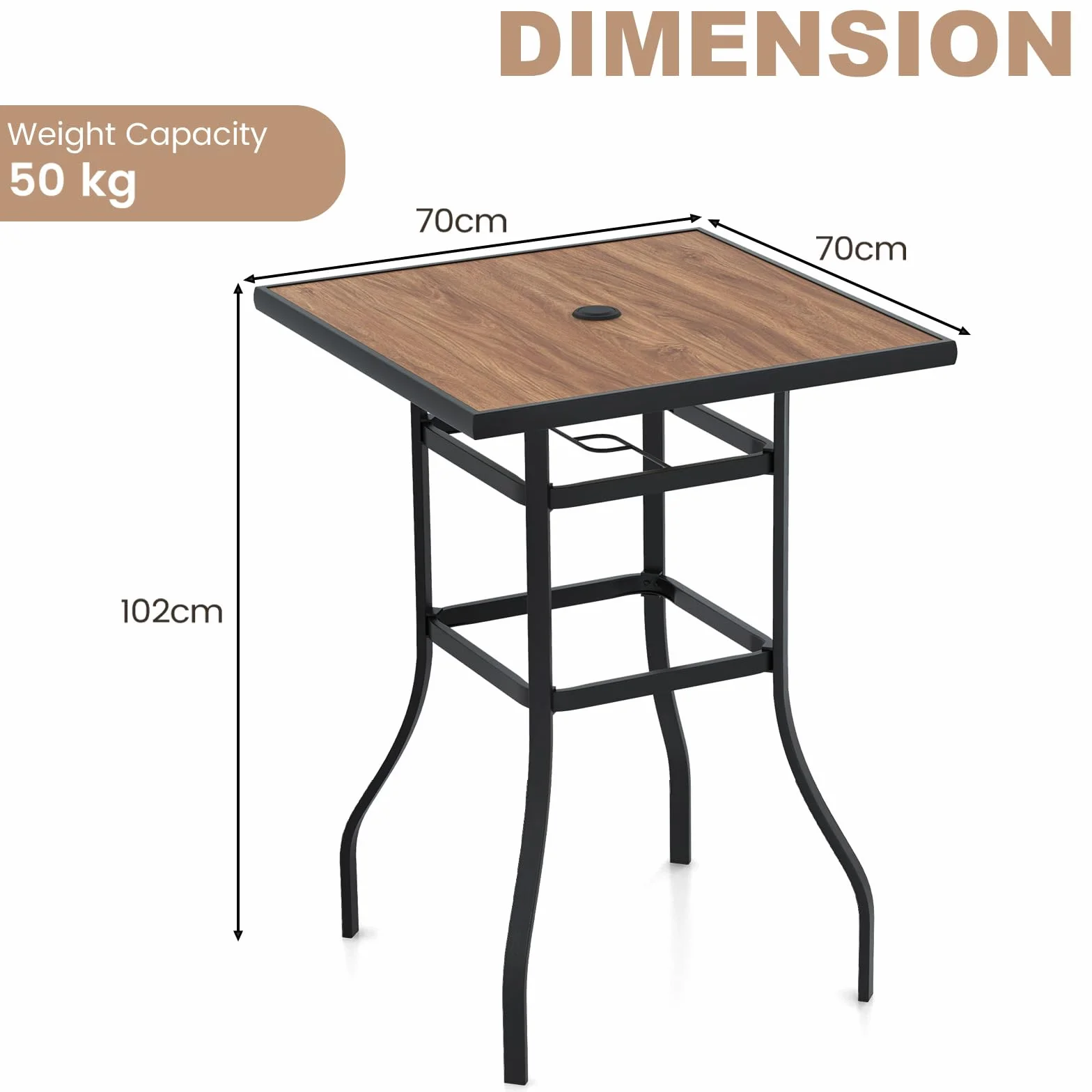 KOMFOTTEU Table de Bar Style Moderne Plateau SPC 70x70x102 cm Métal Intérieur Extérieur