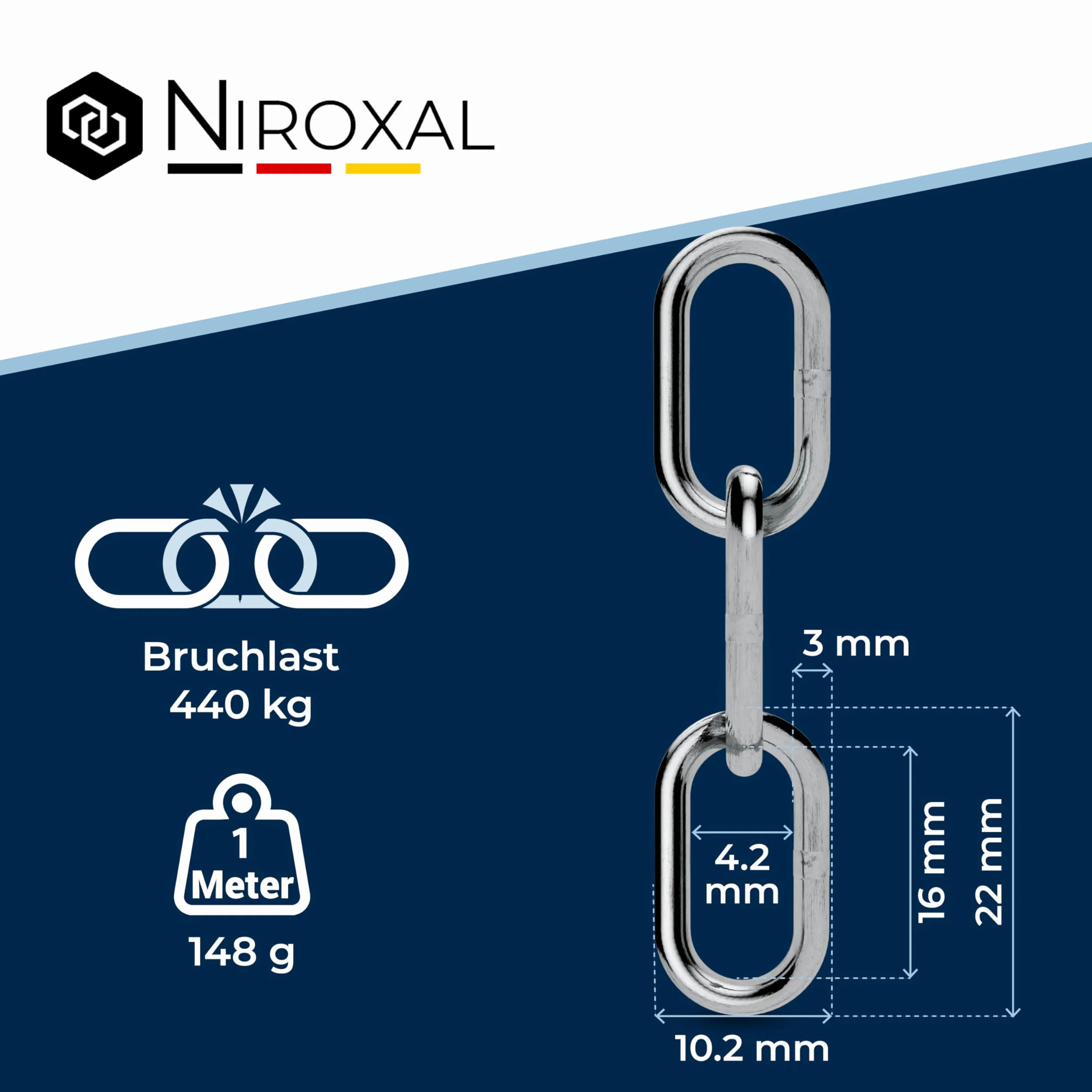 Chaîne inox A4 / 316 3 mm à maillons courts – 2 m – lot de 1 – chainette fine à maillons courts – extérieur qualité marine