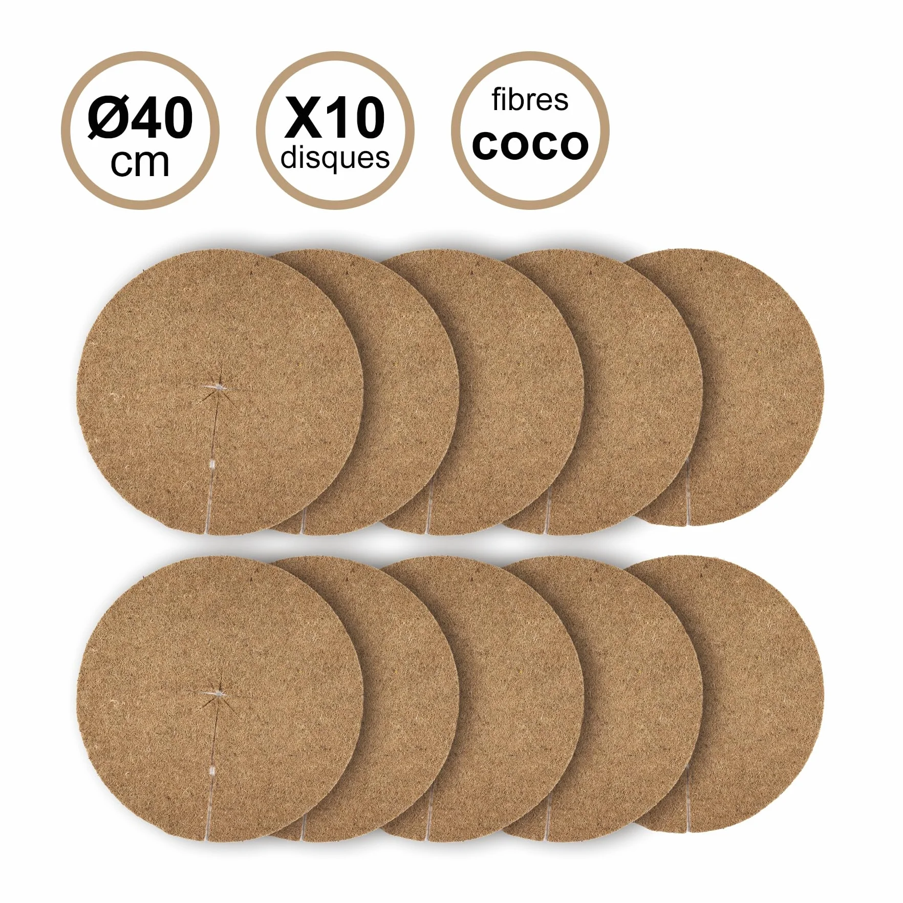 La Cordeline Lot 10 Disques Paillage Ø 40 cm Fibre Coco Naturel 900g/m² - Tapis Protection Plante