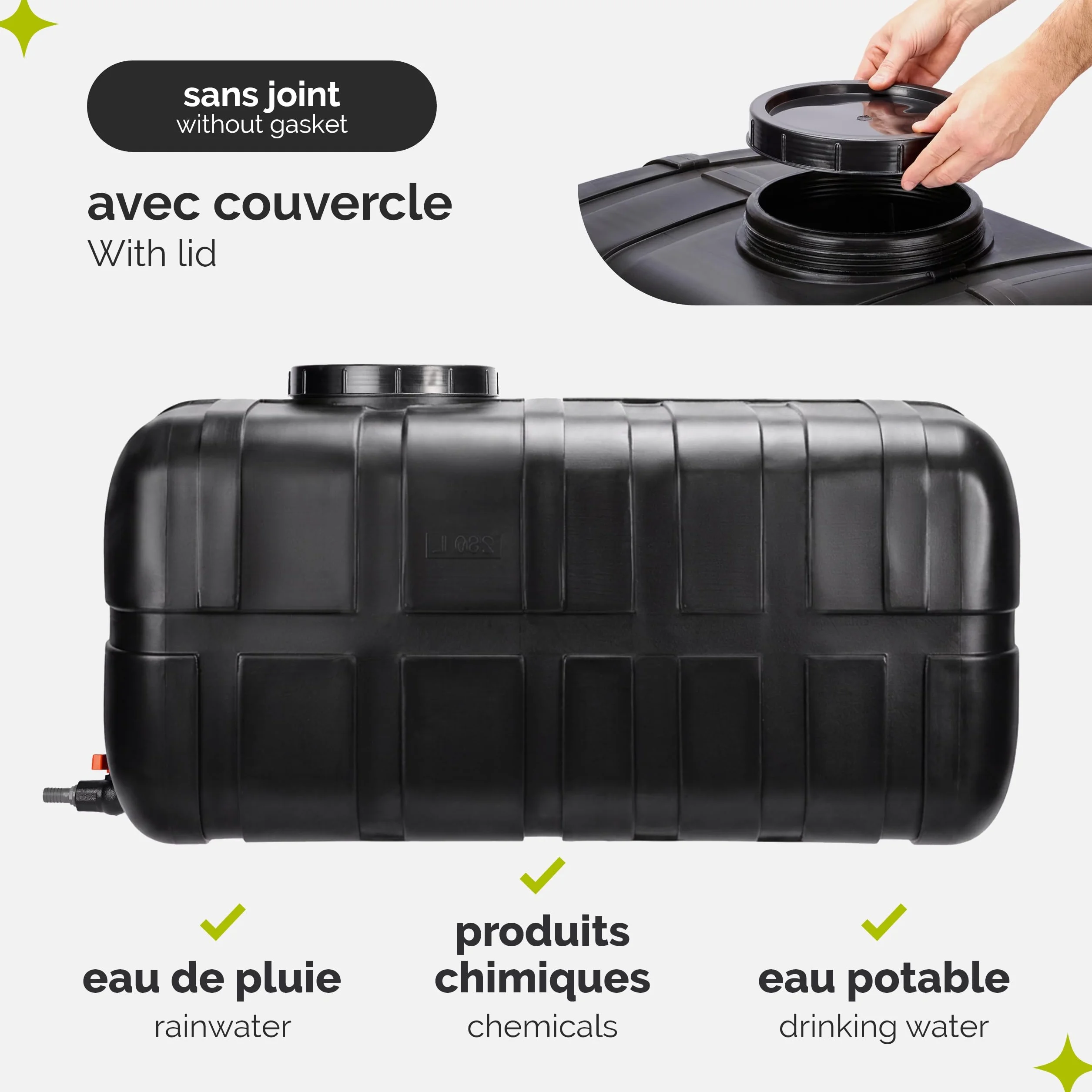 Garronda Réservoir d’Eau 280 litres avec Couvercle – Grand Récupérateur d’Eau de Pluie Noir