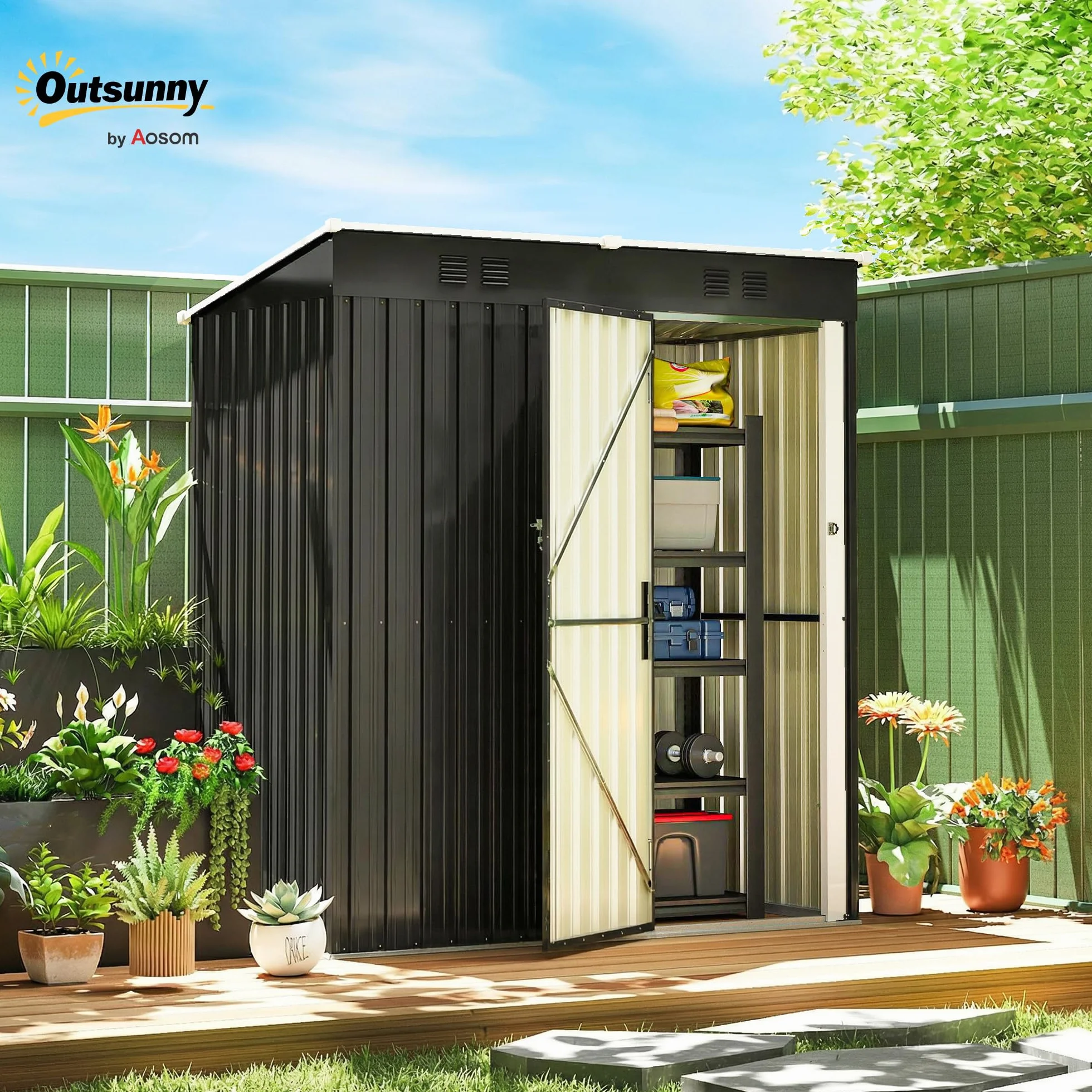 Outsunny Abri de Jardin en Métal 1,37m² 163x90x179cm Acier Galvanisé Armoire de Jardin Adossable 2 Grilles d'Aération Toit Incliné Anti-UV Cabanon de Stockage Outils Gris Foncé
