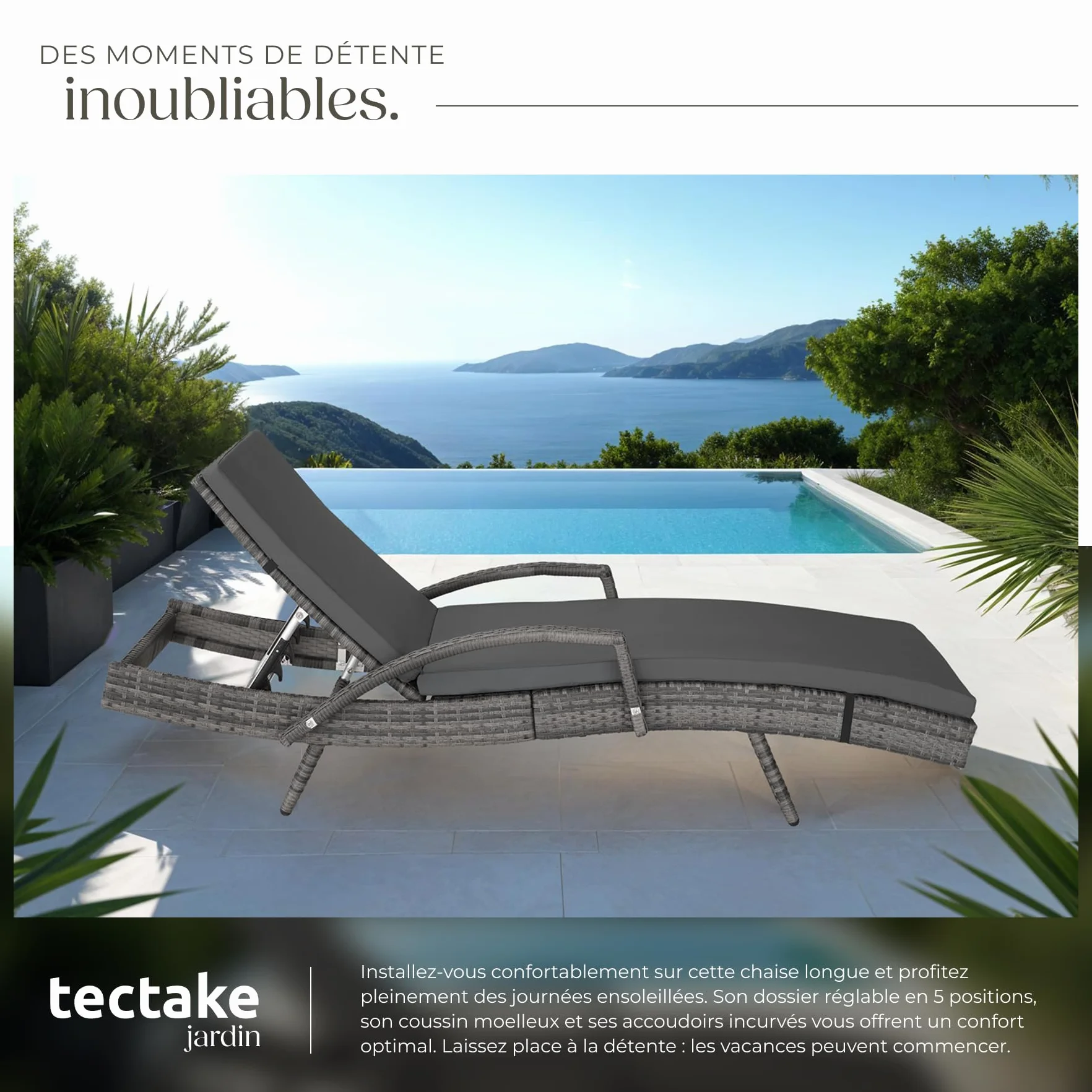 Tectake Chaise Longue Bain de Soleil Résine Tressée Aluminium Dossier Inclinable 5 Positions Transat Jardin Exterieur