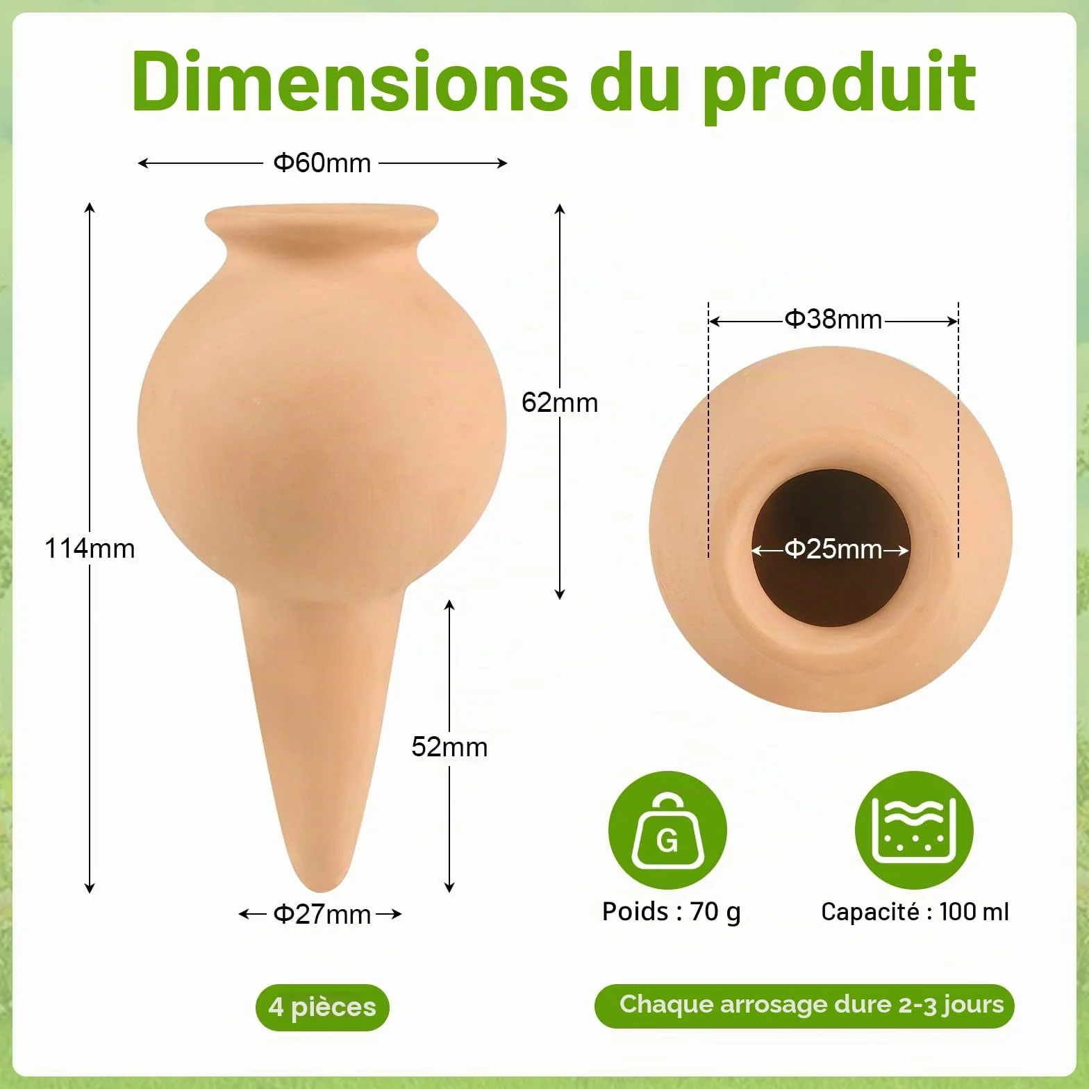 EXLECO Oyas Arrosage Automatique 4pcs Cône Argile 100ml Irrigation Plante Intérieur Extérieur