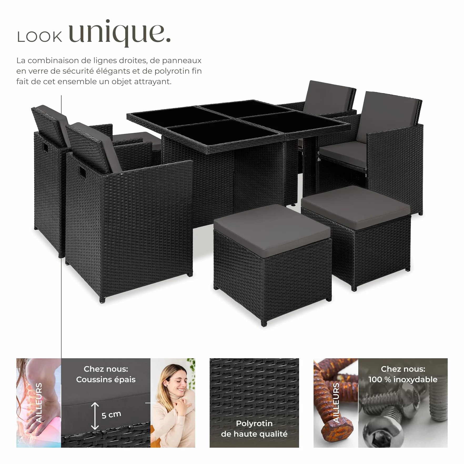 tectake Salon de Jardin Extérieur 8 Places Table en Poly Rotin Structure Aluminium Noir