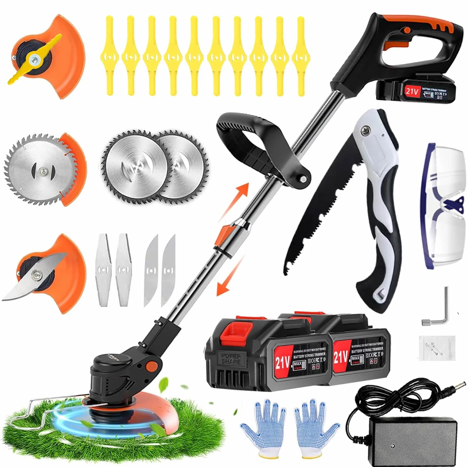Debroussailleuse Electrique sans Fil 21V 2.0Ah avec 2 Batteries et 3 Lames, Coupe Bordure