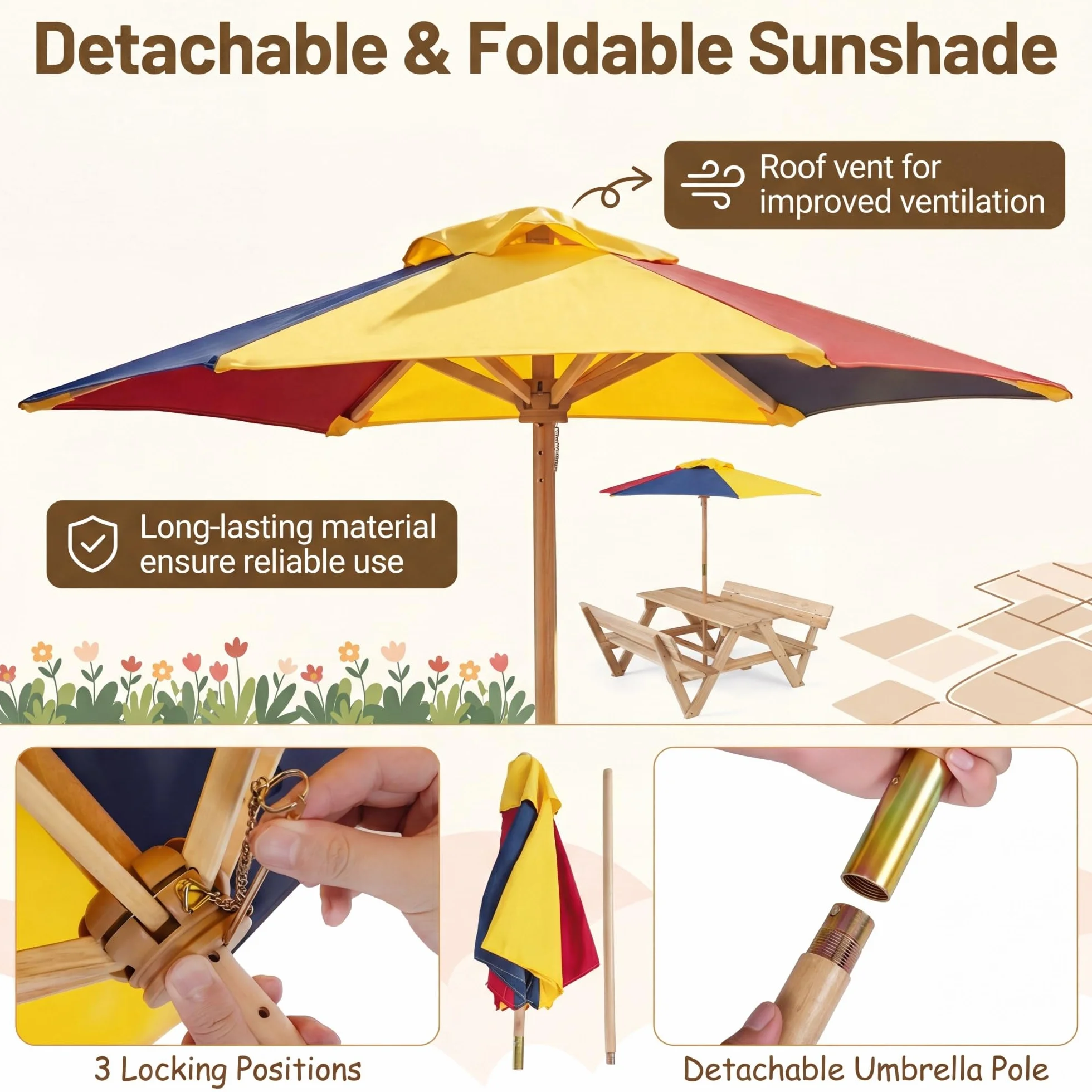 LIFEZEAL Ensemble Table Pique-Nique Enfants 3-8 Ans avec Parasol Amovible, Table et 2 Bancs Intégrés Bois Jardin