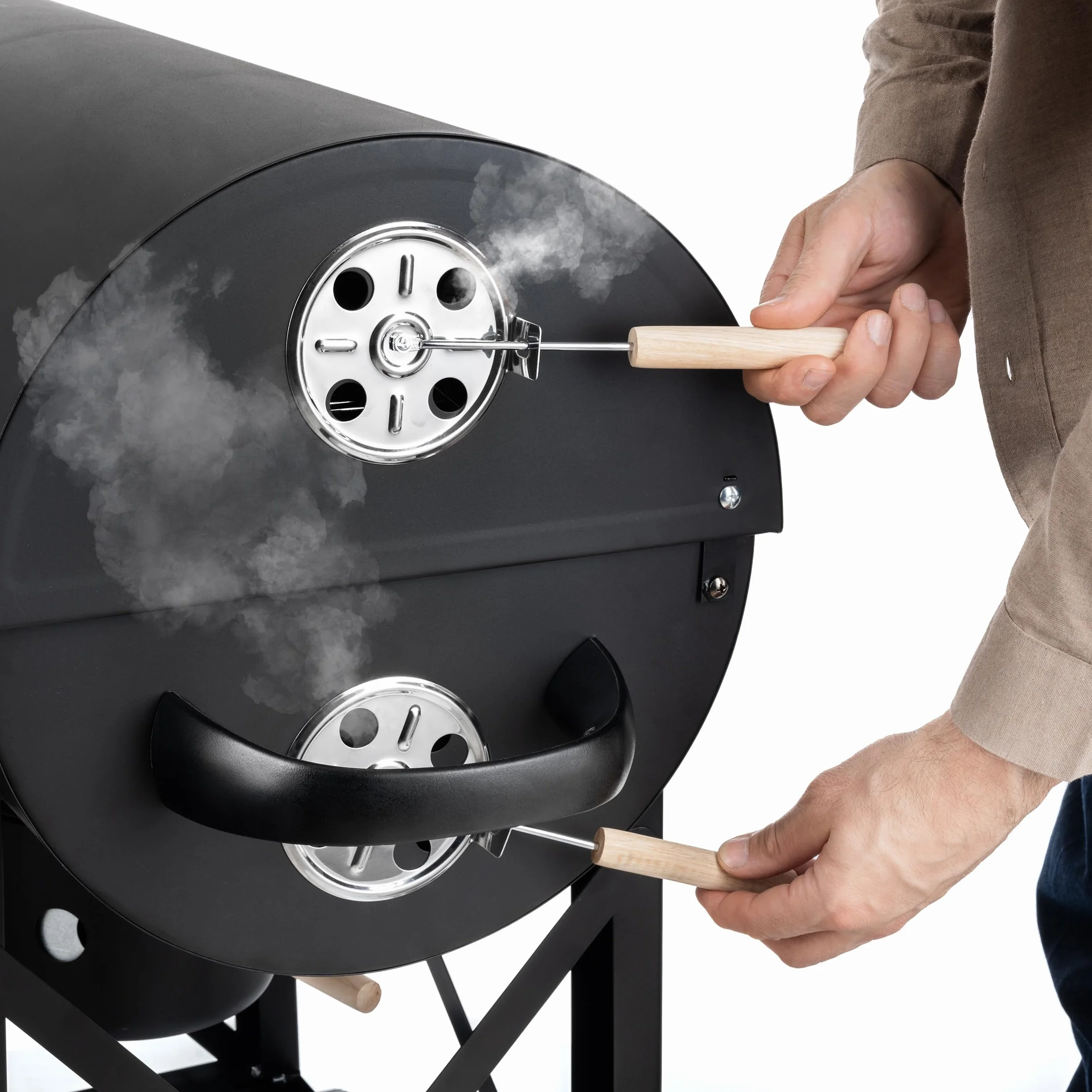 LEHMANN Barbecue Charbon de Bois XL avec Grille de Cuisson, Étagères en Bois, Couvercle, Roulettes