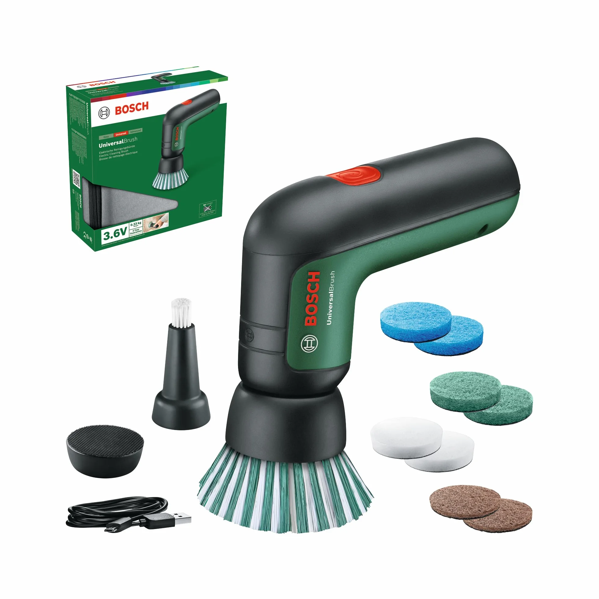 Bosch Brosse de Nettoyage électrique UniversalBrush (Batterie intégrée de 3,6 V, 1 câble Micro USB et 4 Accessoires de Nettoyage fournis, dans Un Emballage en Carton)