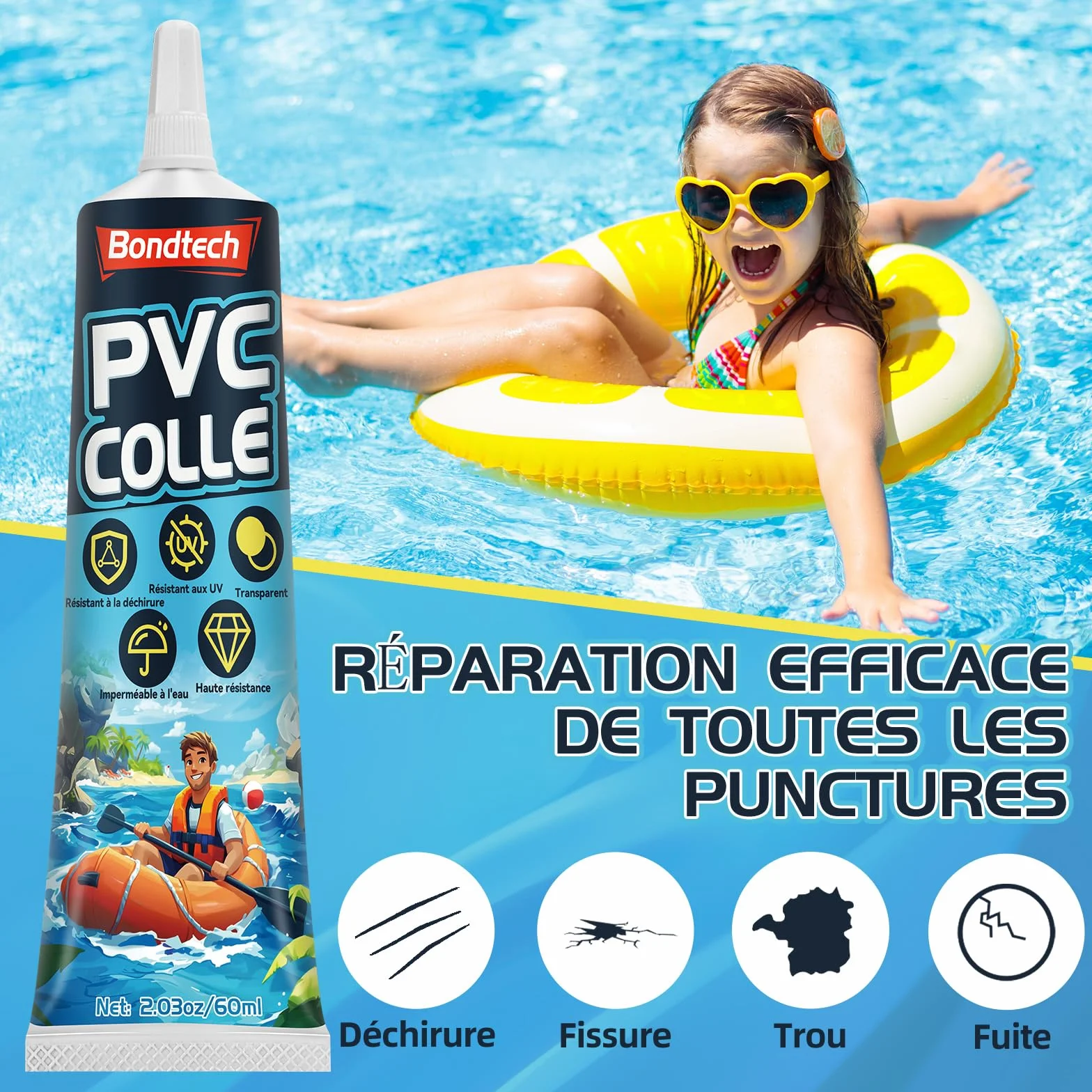 Kit de Réparation Piscine Transparente Colle PVC Bouées Matelas Bateaux
