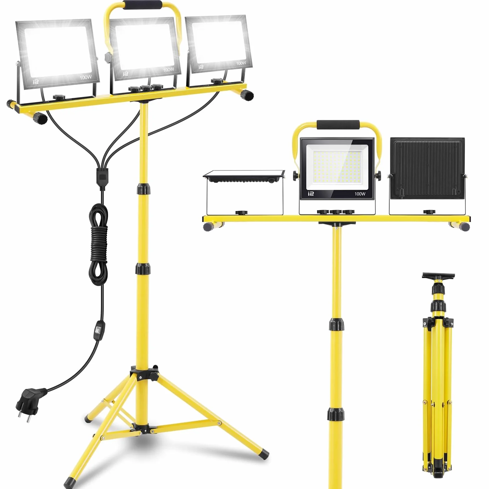 papasbox Projecteur de chantier LED 300W avec trépied prise et interrupteur | Lampe de chantier blanc froid 6500K | Étanchéité IP66 Disponible en versions 300W 150W et 90W pour ateliers et chantiers