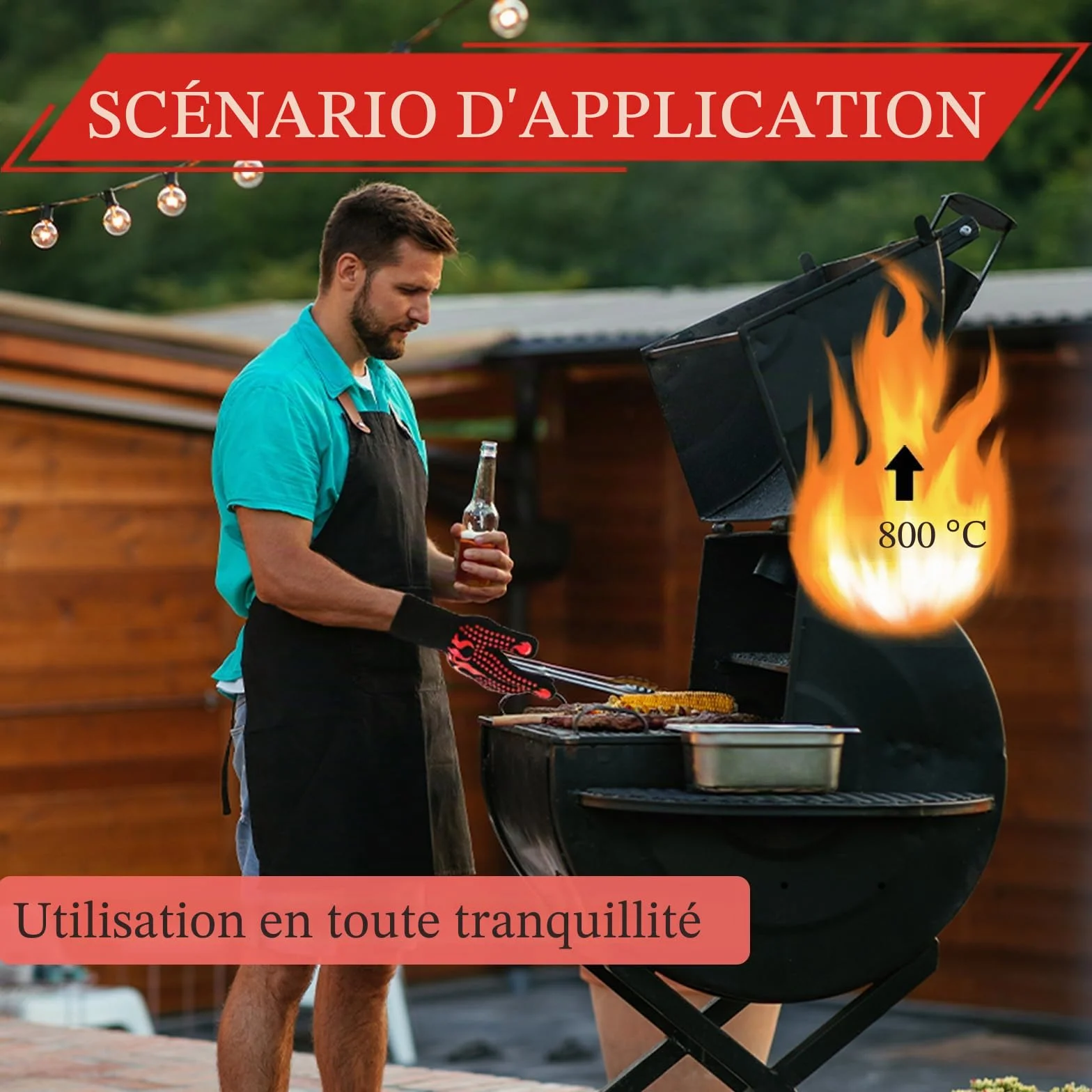 Gants de Barbecue Anti Chaleur 800°C, Gant de Cuisine Antidérapant pour BBQ, Four, Cheminée