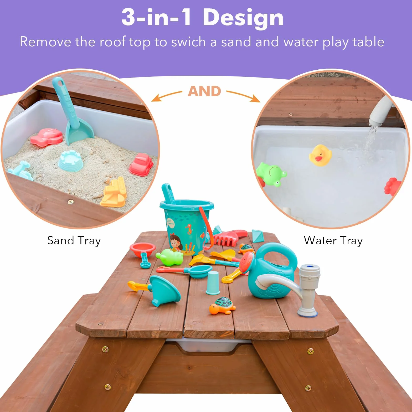 Table d'activités 3 en 1 en bois pour enfants - Table de pique-nique convertible avec parapluie - Marron/bleu marine