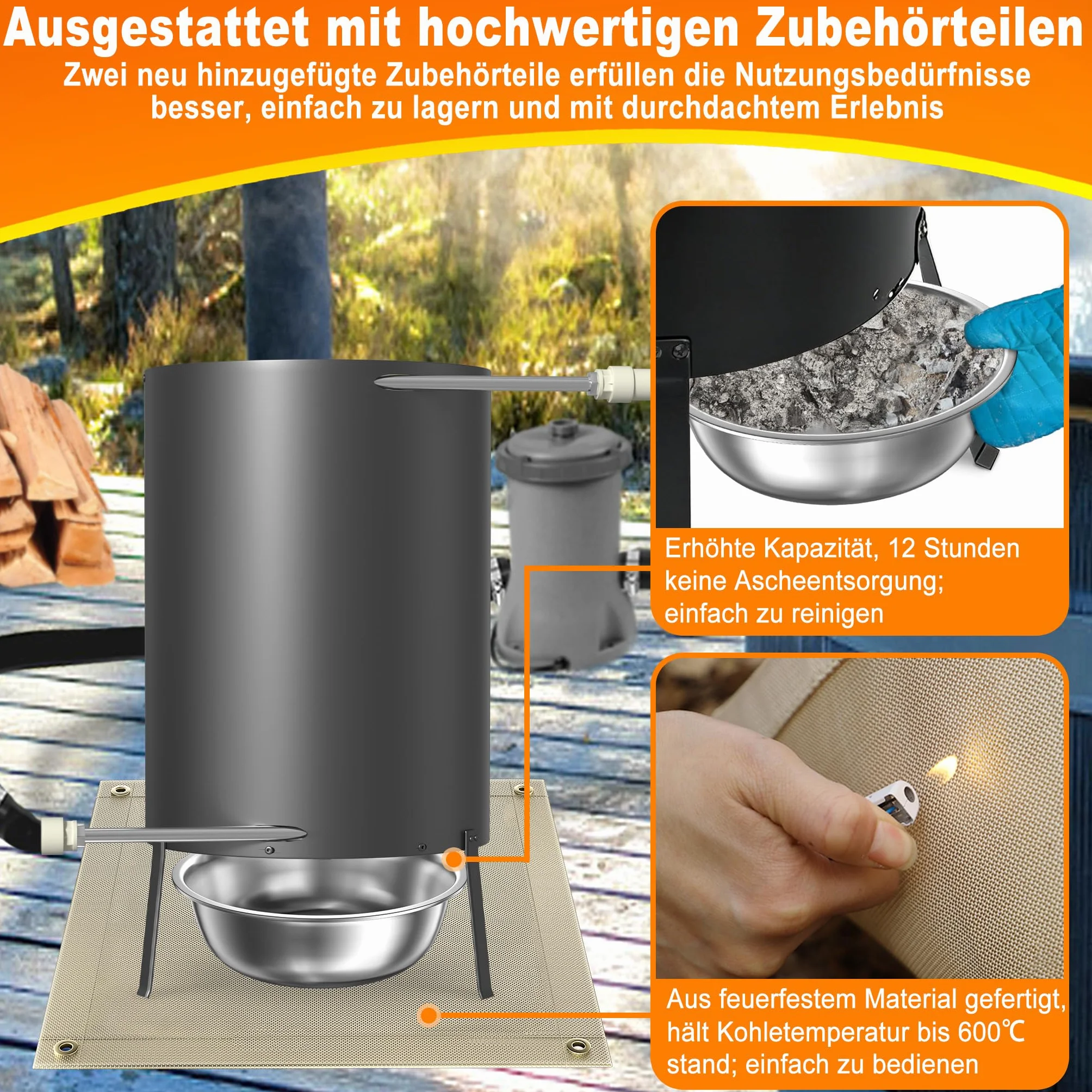 Chauffage de piscine avec feu, acier inoxydable, tonneau à bois, spirale chauffante, poêle de piscine