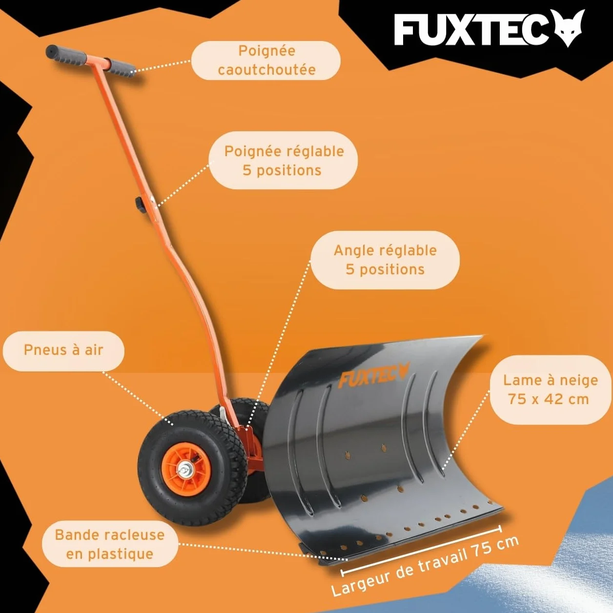 FUXTEC Pelle à Neige sur Roues Pliable 75 cm Largeur de Travail Hauteur 42 cm Hauteur réglable Angle de poussée réglable