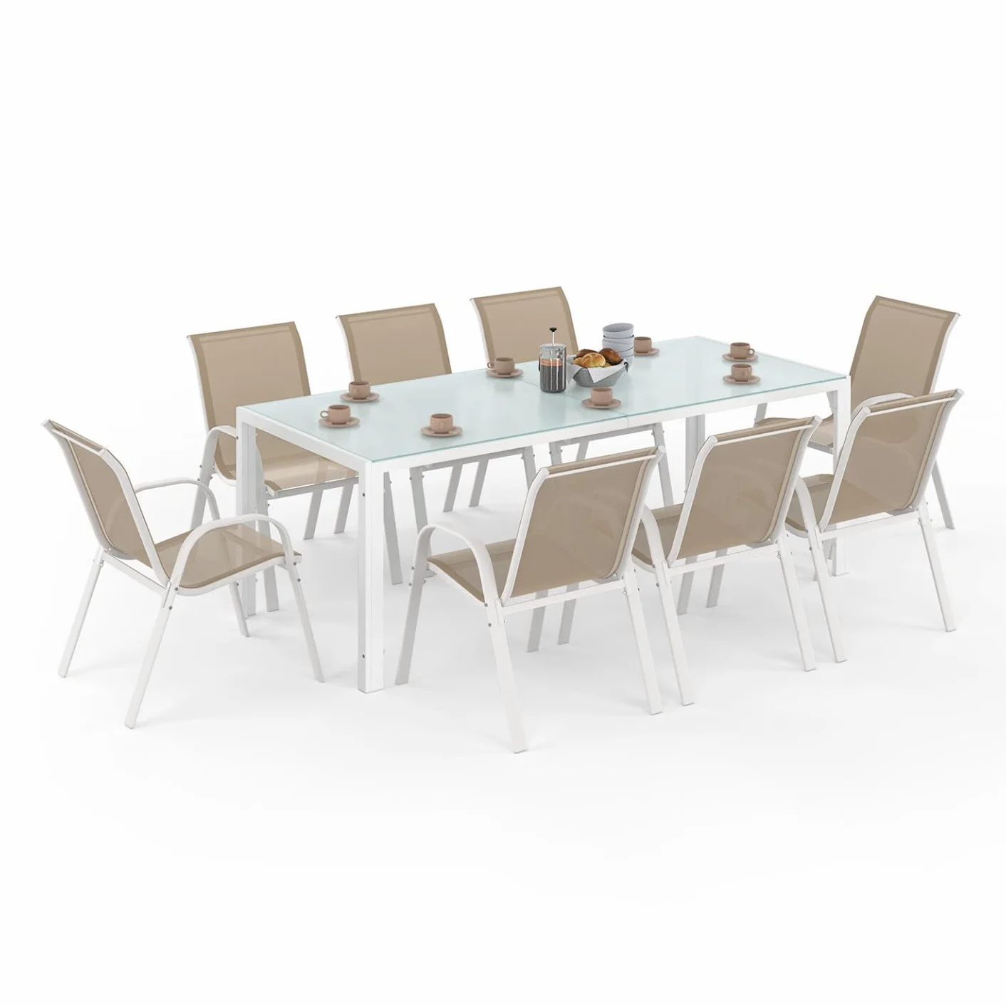 Salon de Jardin Madrid Table 190 cm 8 Chaises Empilables Blanc Beige