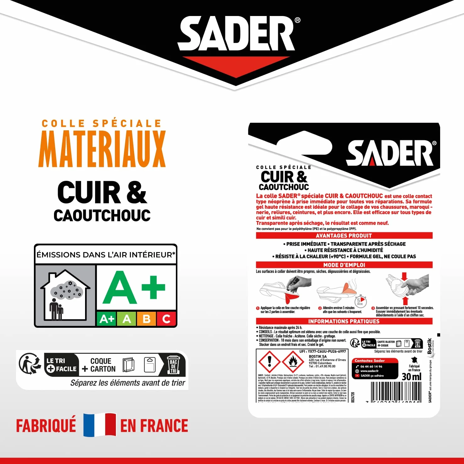 Sader Cuir et Caoutchouc – Colle Contact Type Néoprène – Prise Immédiate – Haute Résistance à l'Humidité et à la Chaleur – Formule Gel – Tube 30 ml
