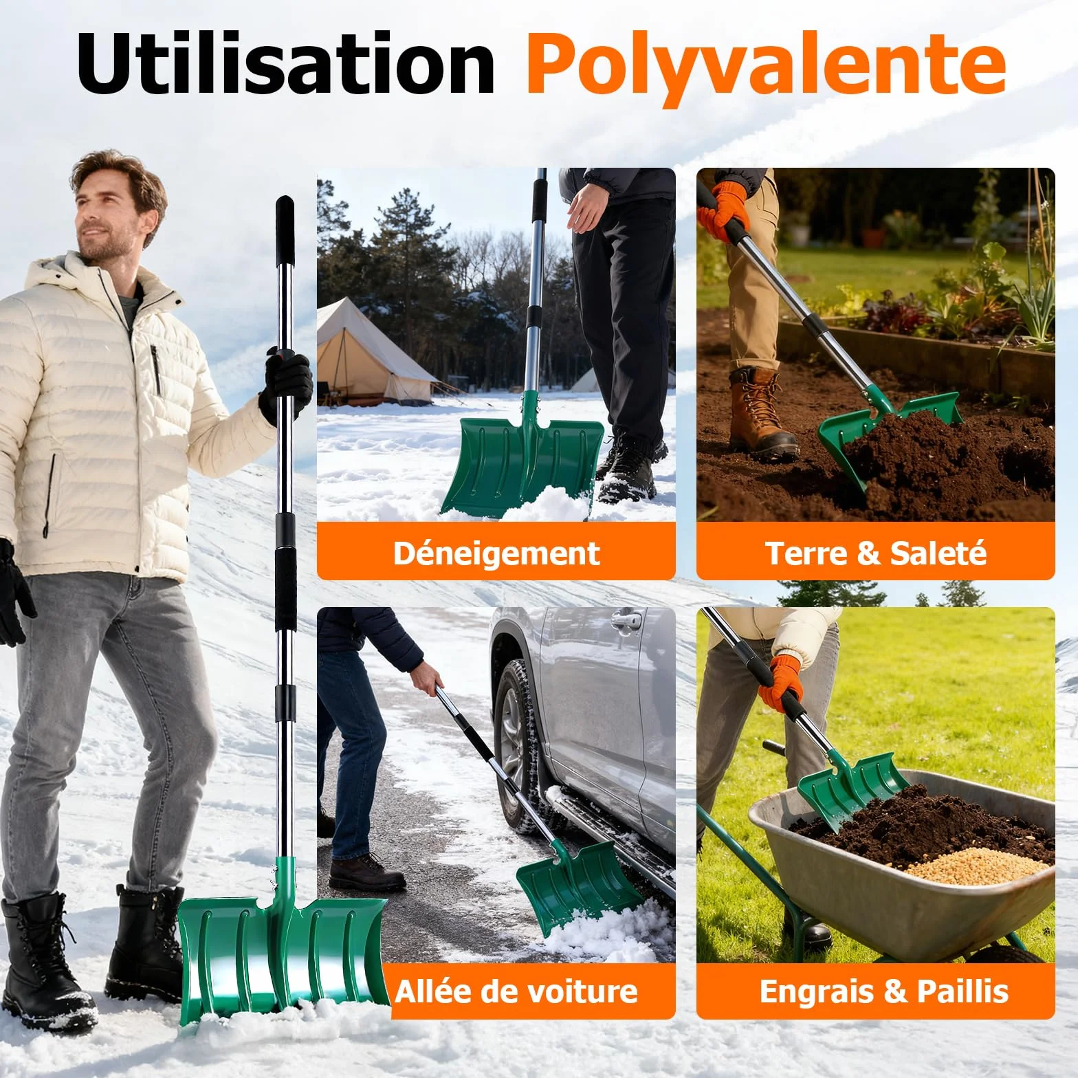 Pelle à Neige 163cm, Pelle Métal Haute Résistance 41cm, Manche Long Ergonomique Anti-Givre