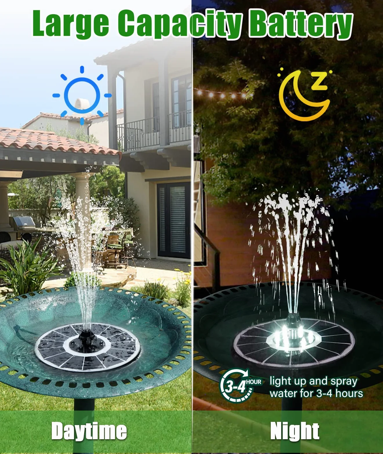 Fontaine Solaire Extérieure 3.5W Pompe Bassin avec 8 Buses LEDs 2200mAh Batterie pour Bain d'oiseaux Jardin
