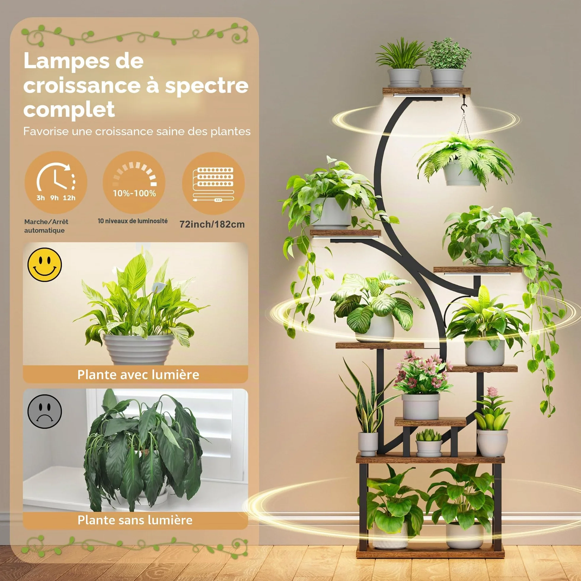 BACEKOLL Support pour plantes d'intérieur avec lampes de croissance, étagère 8 niveaux 157,5 cm métal forme S