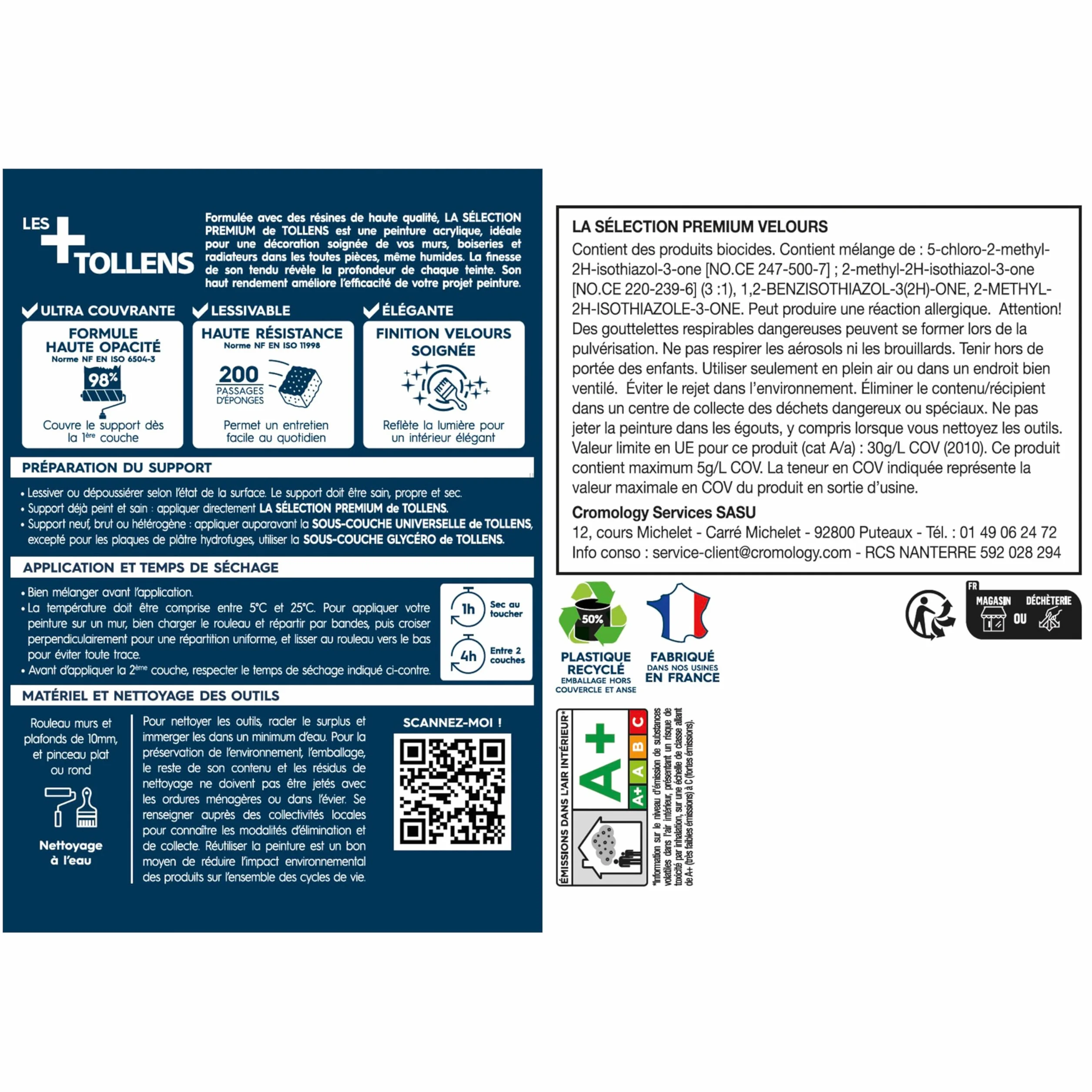 Tollens - Peinture Couleur - Murs, Boiseries & Radiateurs - La Sélection Premium - Pièces sèches et humides - Ultra couvrante - Ultra résistante - Ultra rapide - Ecolabel - Velours - BLANC - 0L5 = 6m²