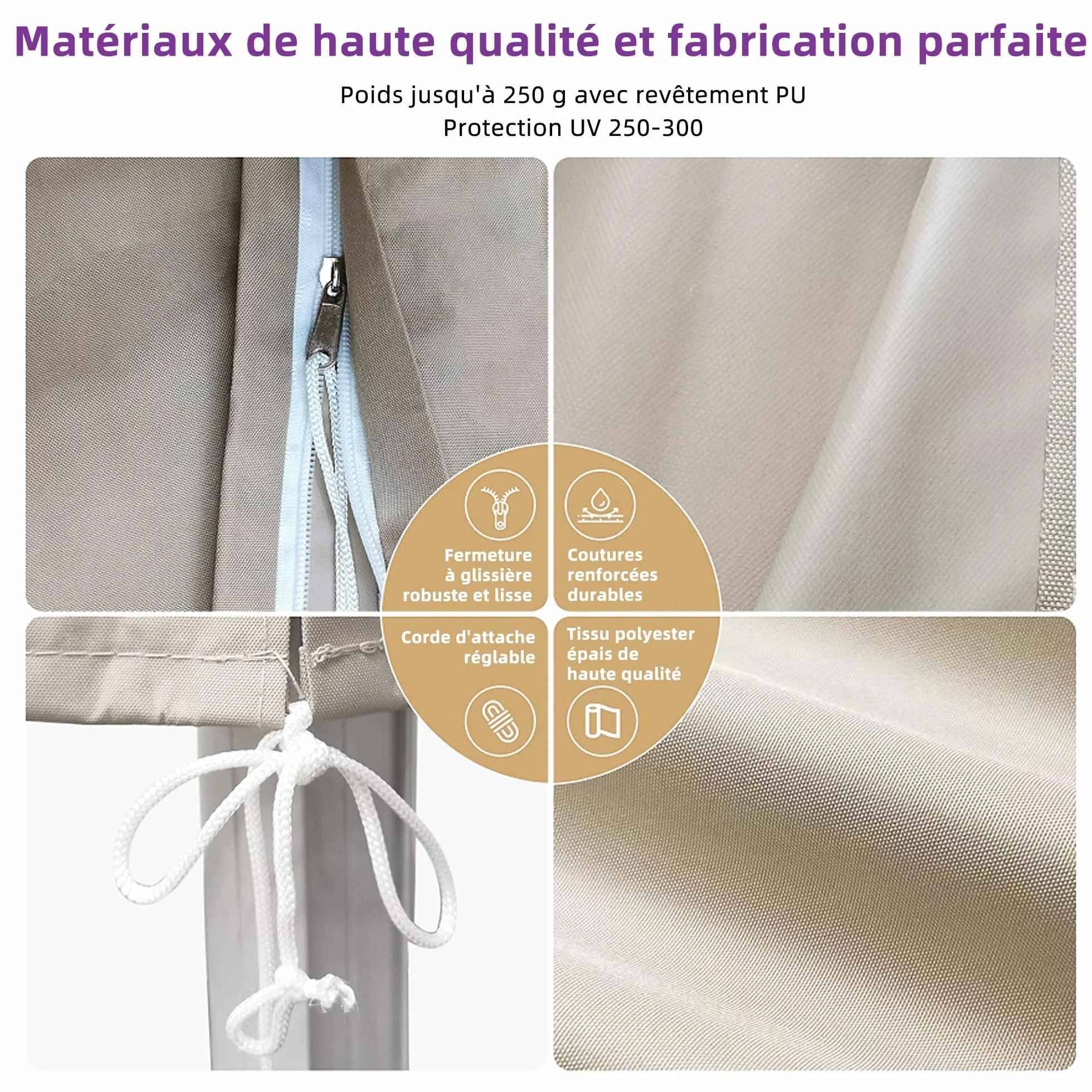 PURPLE LEAF Housse pour Parasol de Jardin 281 x 61 cm UV Résistant avec Bâton Zip Beige