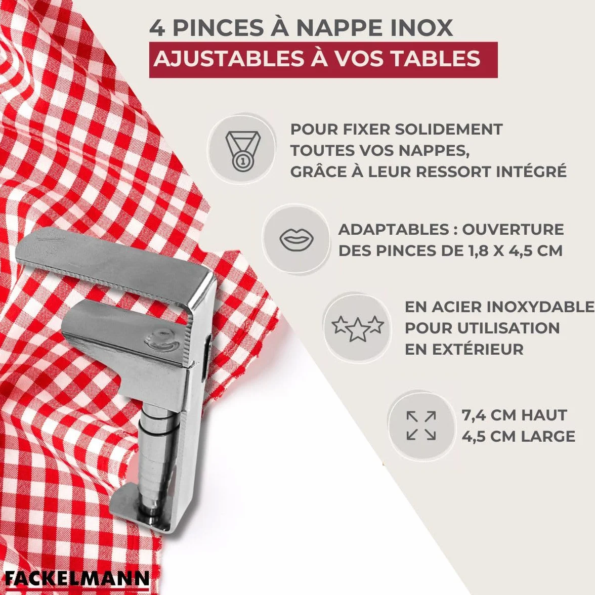 Fackelmann Lot de 4 Pinces à Nappe Inoxydable Extérieur Acier Inoxydable Argent 7,4 x 1,6 x 4,5 cm