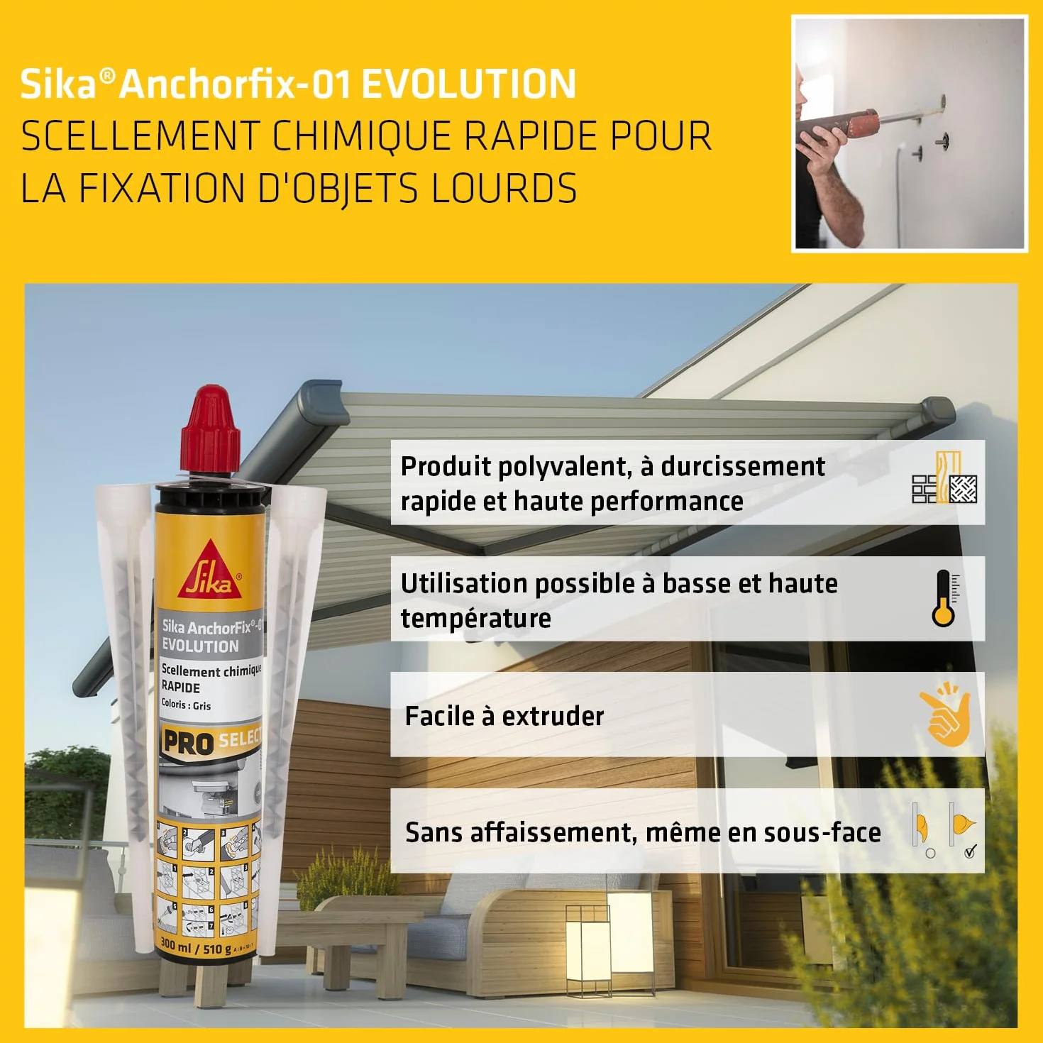 SIKA - Scellement chimique - Sika Anchorfix 01 Evolution Ton Pierre - Prise rapide - Int/Ext - Multi-matériaux - Fixation d'objets lourds - Scelle store, volet, portail, chauffe-eau, radiateur - 300ml