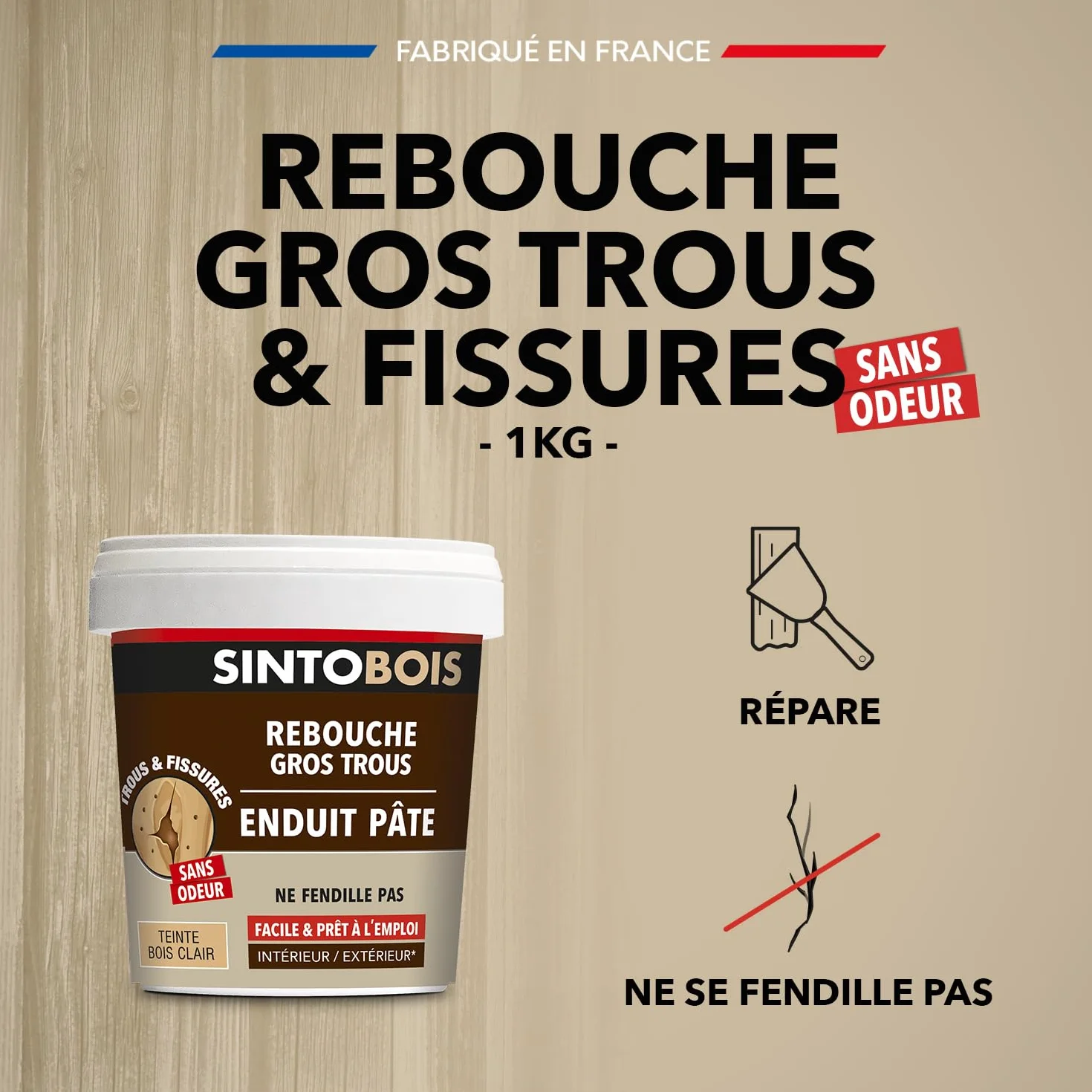 SINTO Rebouche gros trous et fissures bois clair 1kg, prêt à l'emploi, excellente adhérence, ne fendille pas, séchage rapide, bois et dérivés, intérieur et extérieur