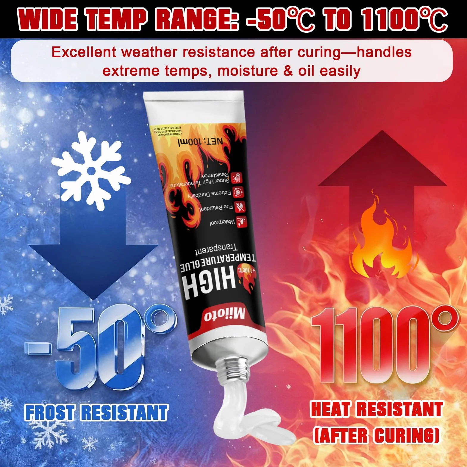 Miioto Colle Haute Temperature, Colle Refractaire, Colles Joint Poele a Bois, Silicone Haute Temperature aux Cheminées, Poêles, Boucliers Thermiques, Transparent, 100ml