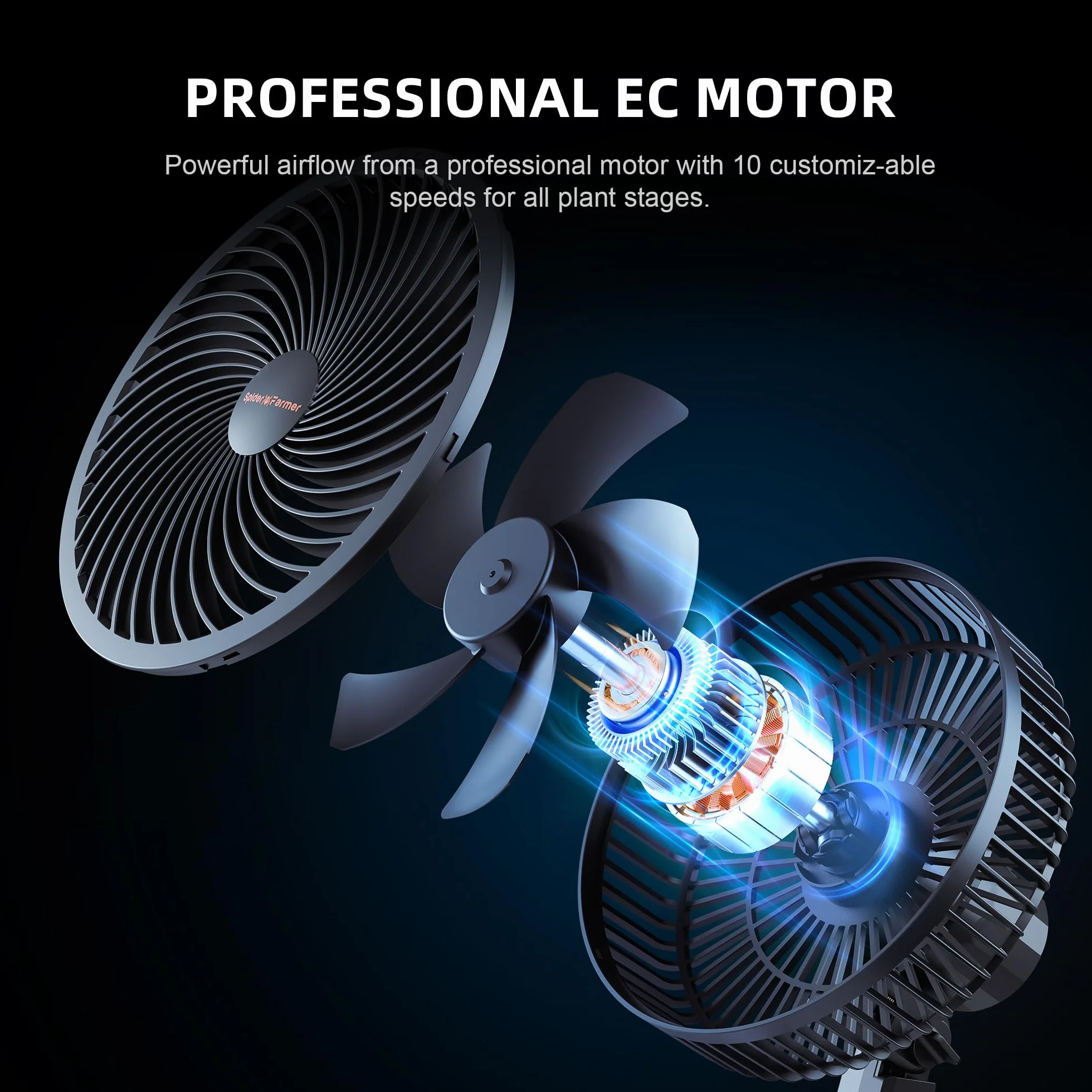 Spider Farmer Ventilateur Clipable 8W 10 Vitesses Contrôle par App Moteur EC IP54 Oscillant pour Tente de Culture