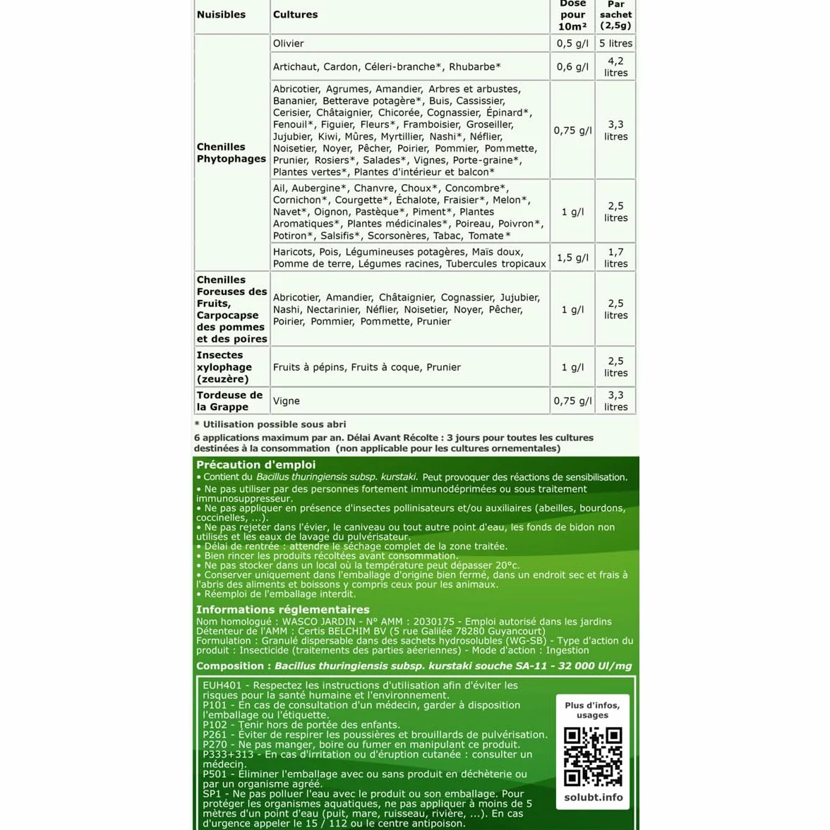 Insecticide Bacillus Thuringiensis Kurstaki 30 g 40 L Chenilles Pyrales Tordeuses Carpocapses Noctuelles Agriculture Biologique