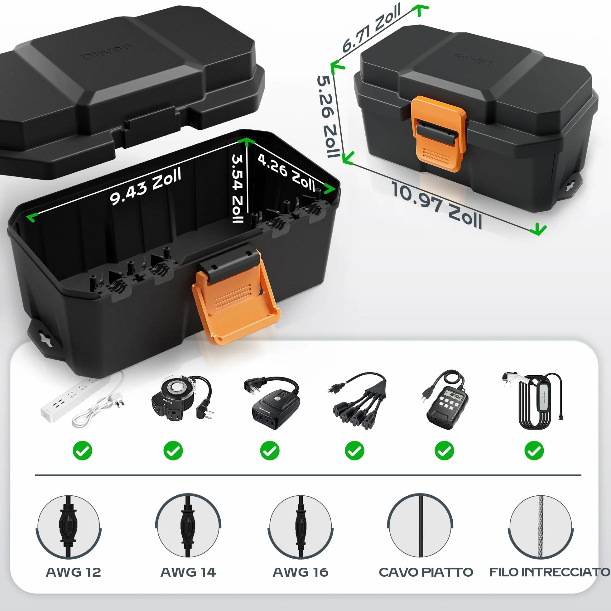Diivoo Boite Etanche Electrique Exterieur (27,3 x17x13,3 cm), Protection de Prise, Protection de Rallonge électrique Résistante aux Intempéries, pour Multiprise, Minuteries, Lumières de Noël, Noir