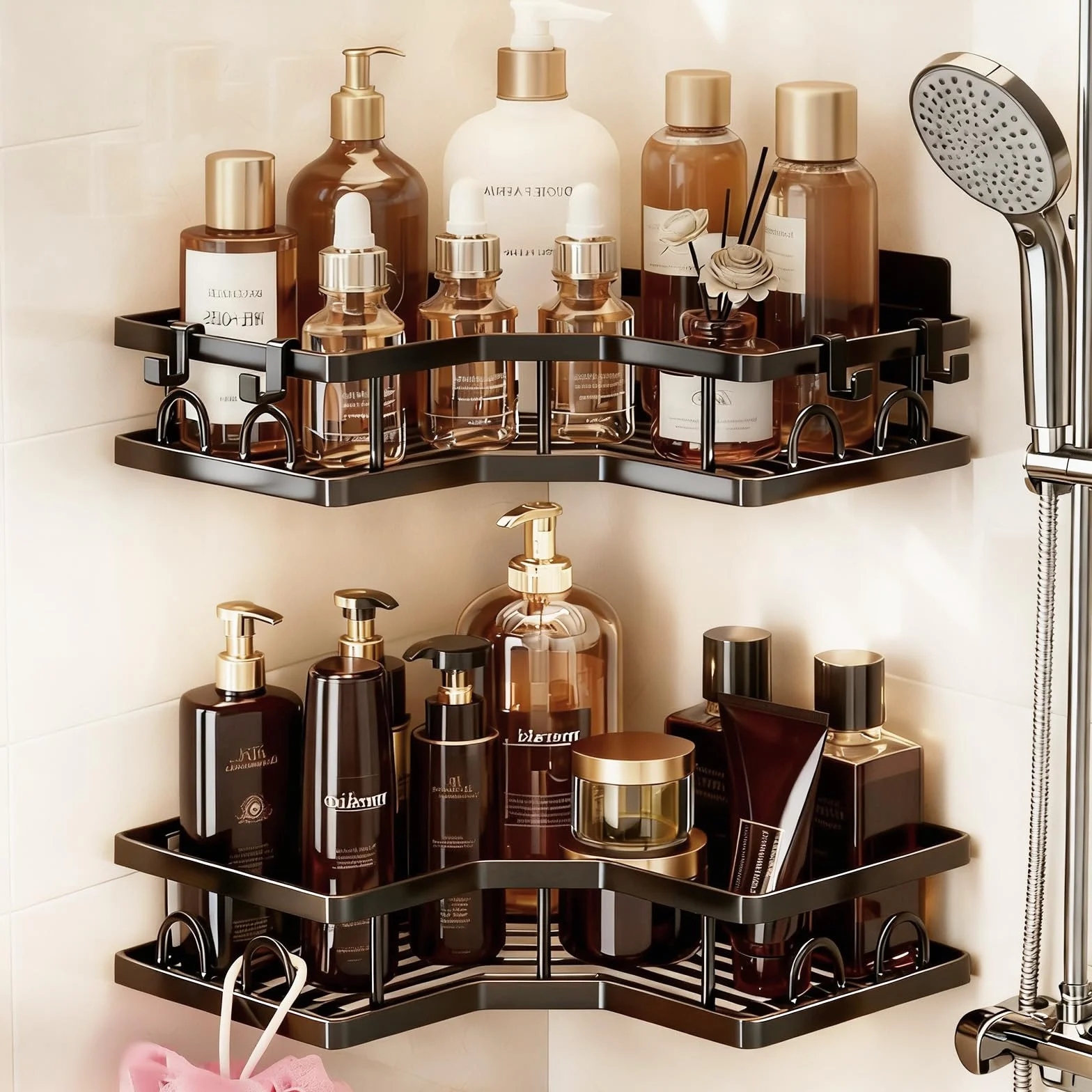 2 Pièces Etagere Douche sans Percage, Etagere Salle Angle de Bain Support Rangement Organisation avec Crochets Accessoire pour Gel et Shampooing pour la Salle Bain Cuisine (Noir)