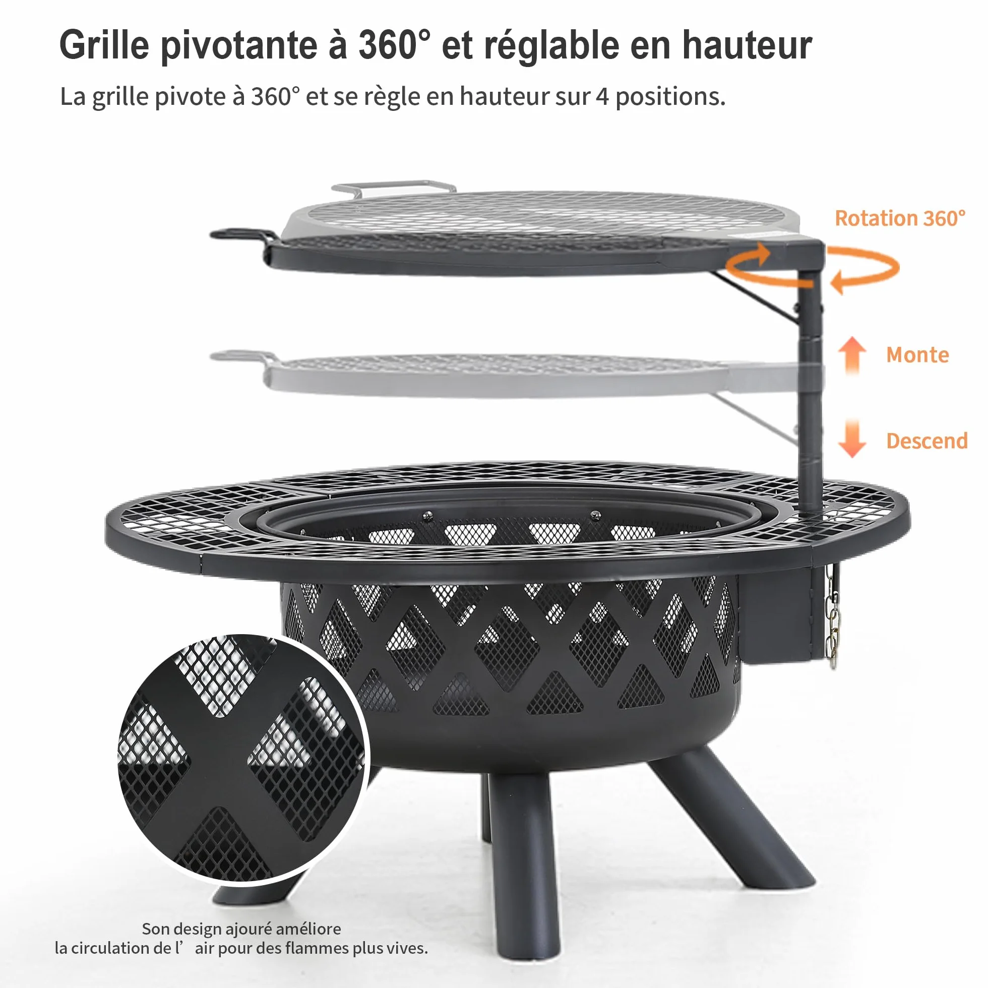 BALI OUTDOORS Foyer à bois extérieur avec grille de cuisson noir