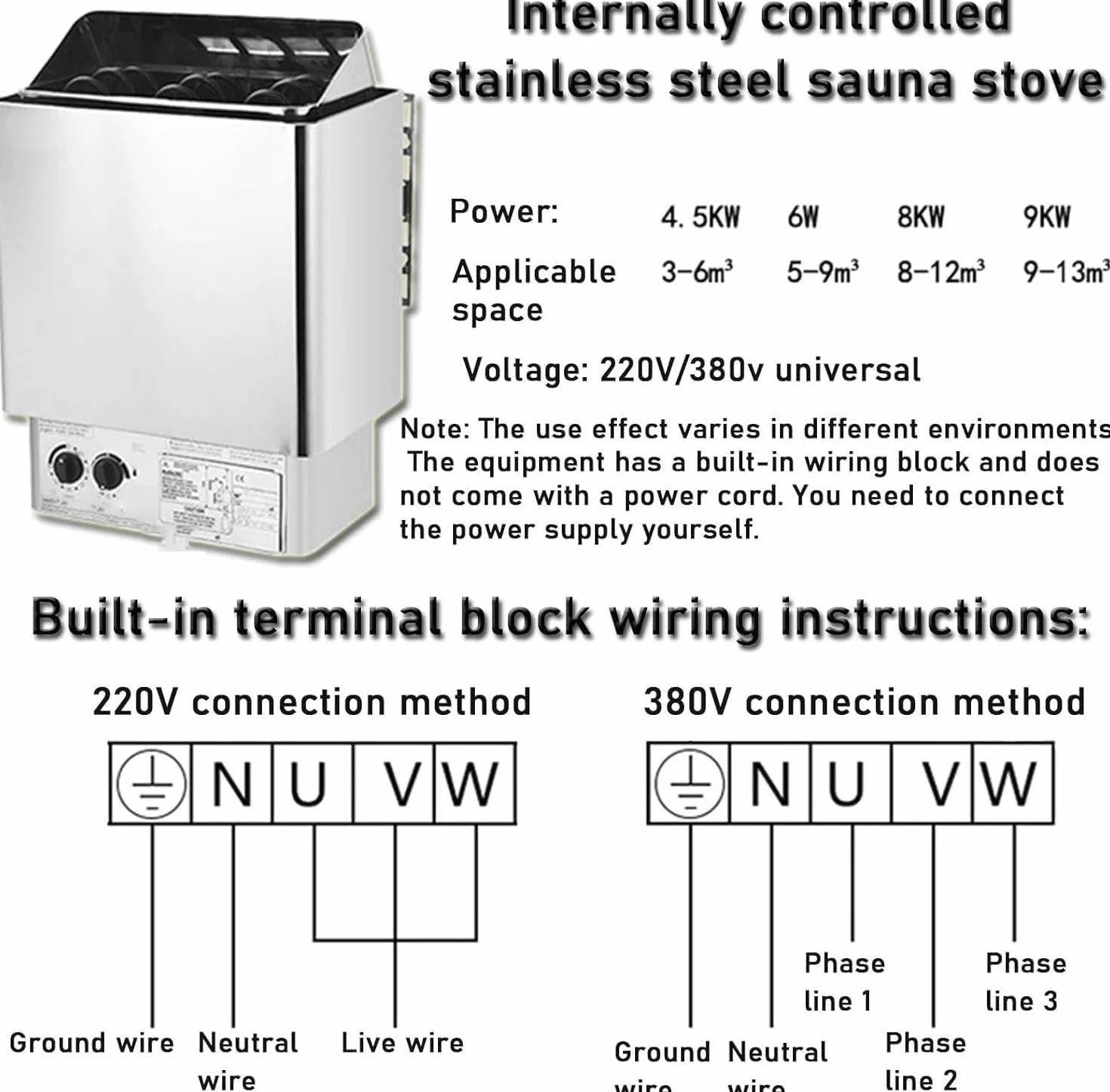 Poêle de Sauna Électrique Portable Inox, 6 kW, Contrôleur Intégré, 80℃ Max, pour Sauna 5-9 m³, Utilisation Commerciale de Douche Spa Hôtel, Pierres Non Incluses