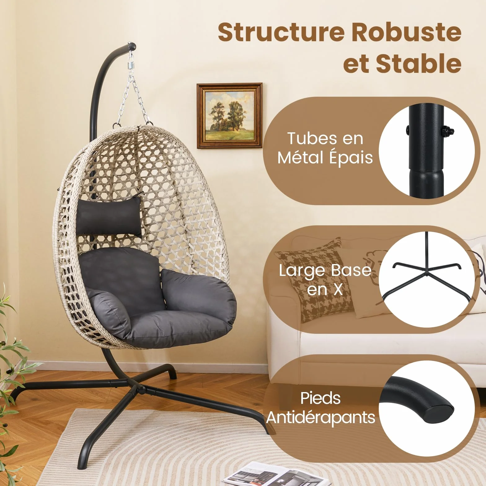 GOPLUS Support Hamac Exterieur Métal Robuste Pied Fauteuil Suspendu Forme C Crochets Ressort Charge 180 KG Jardin Balcon