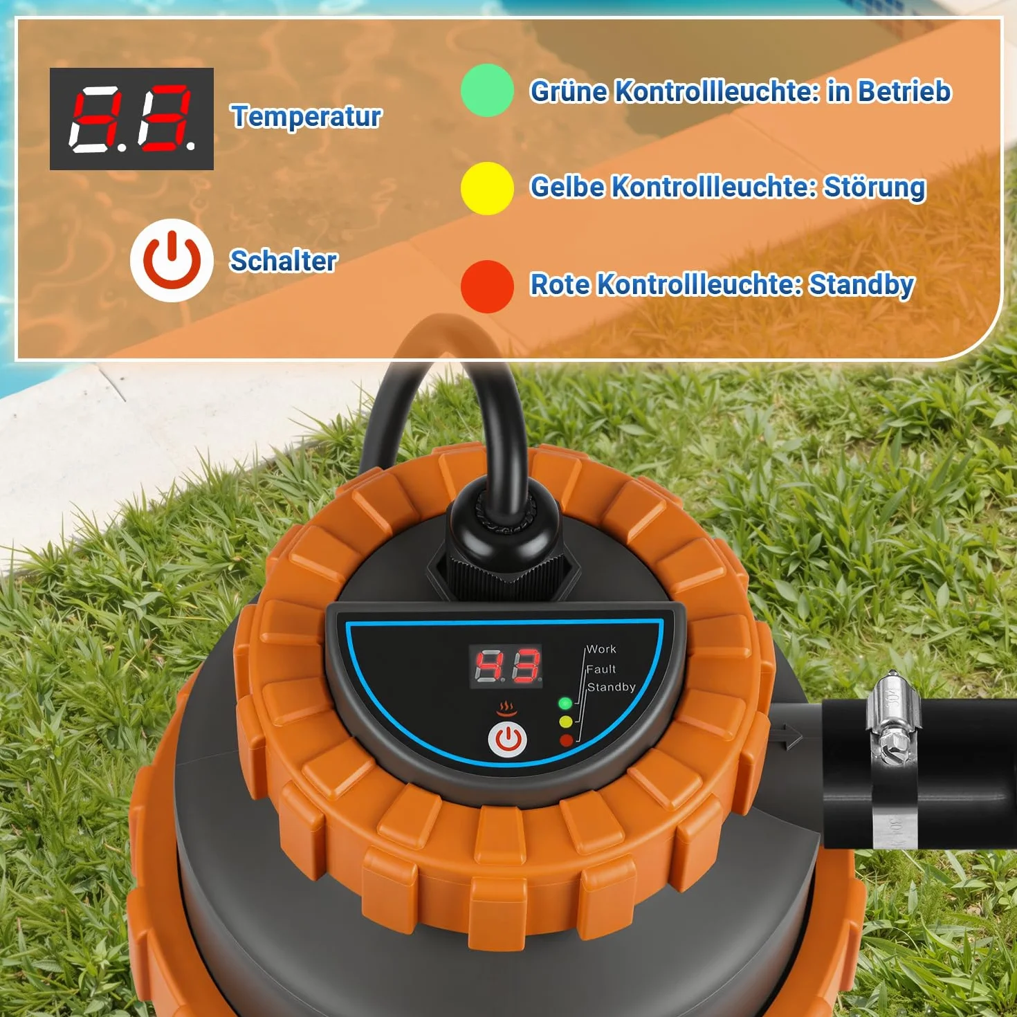 Chauffage électrique piscine Ø 17 x 42 cm interface numérique 32-38 mm protection anti-fuite anti-basculement ignifuge 45 °C