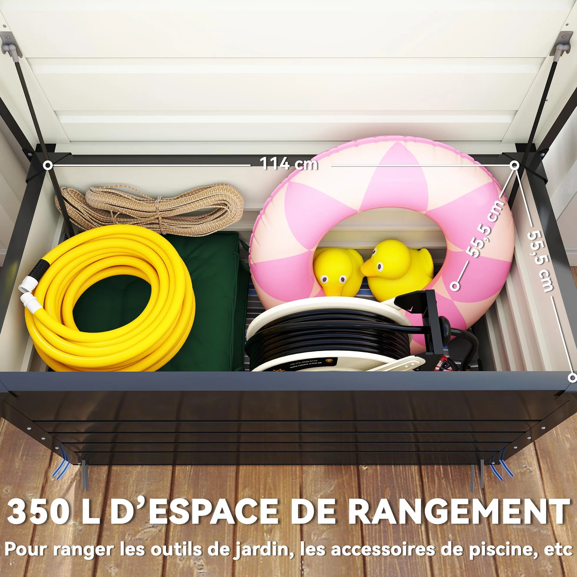 Outsunny Coffre de rangement métal 350L acier galvanisé étanche double vérins gaz verrouillable gris anthracite