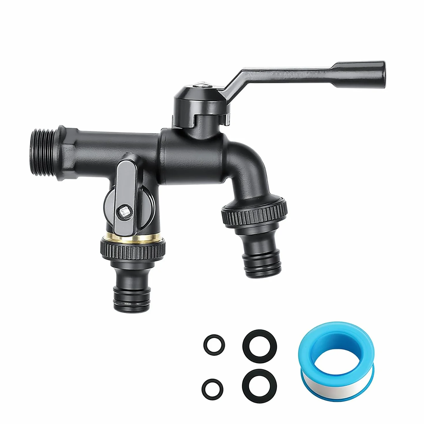 Robinet Exterieur Double Jardin Laiton Noir Entrée 3/4 2 Sorties 3/4" Citerne Pluie Machine Laver