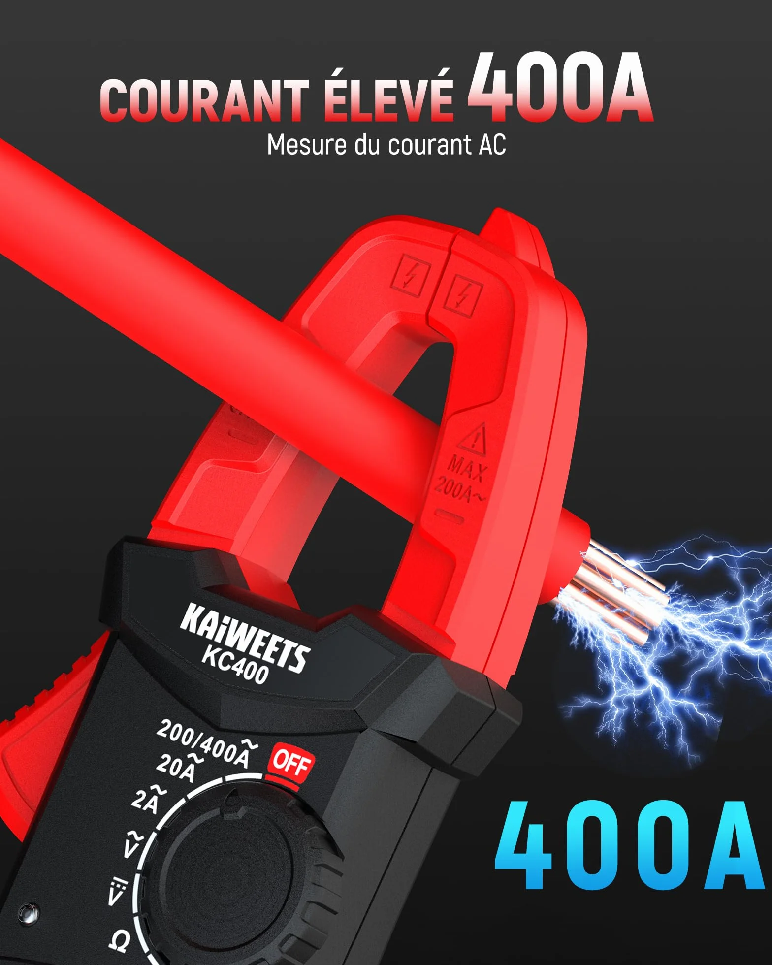 KAIWEETS Pince Ampèremétrique 400A avec NCV, Multimètre Automatique 600V Testeur de Tension AC/DC, 2000 Points, Voltmètre, Amperemetre, Résistance, Continuité & Diode, Compact, KC400