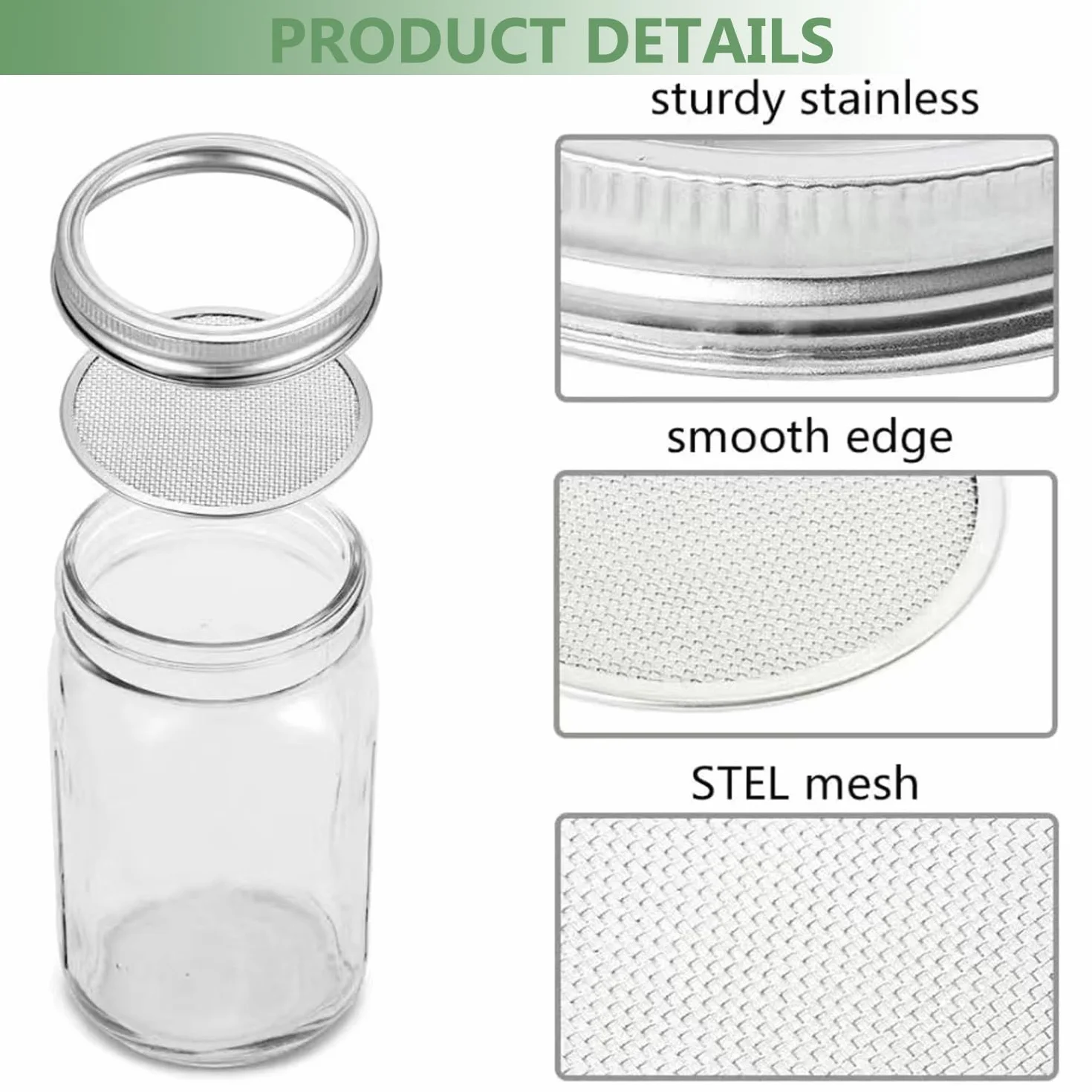 Bocaux à germer 1000 ml en verre avec couvercle inoxydable 304 et support pour germination alfalfa brocoli haricots mungo
