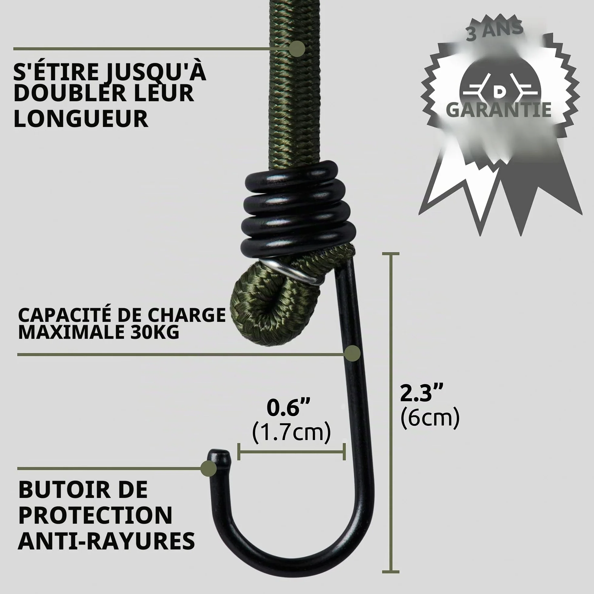Pluvios - 18" (45CM) Sangles de Serrage - Pack de 10 - Crochet Tendeur - Tendeurs avec Crochets pour Bagages, Barres de Toit, Camping - Résistance aux UV & Conditions Climatiques