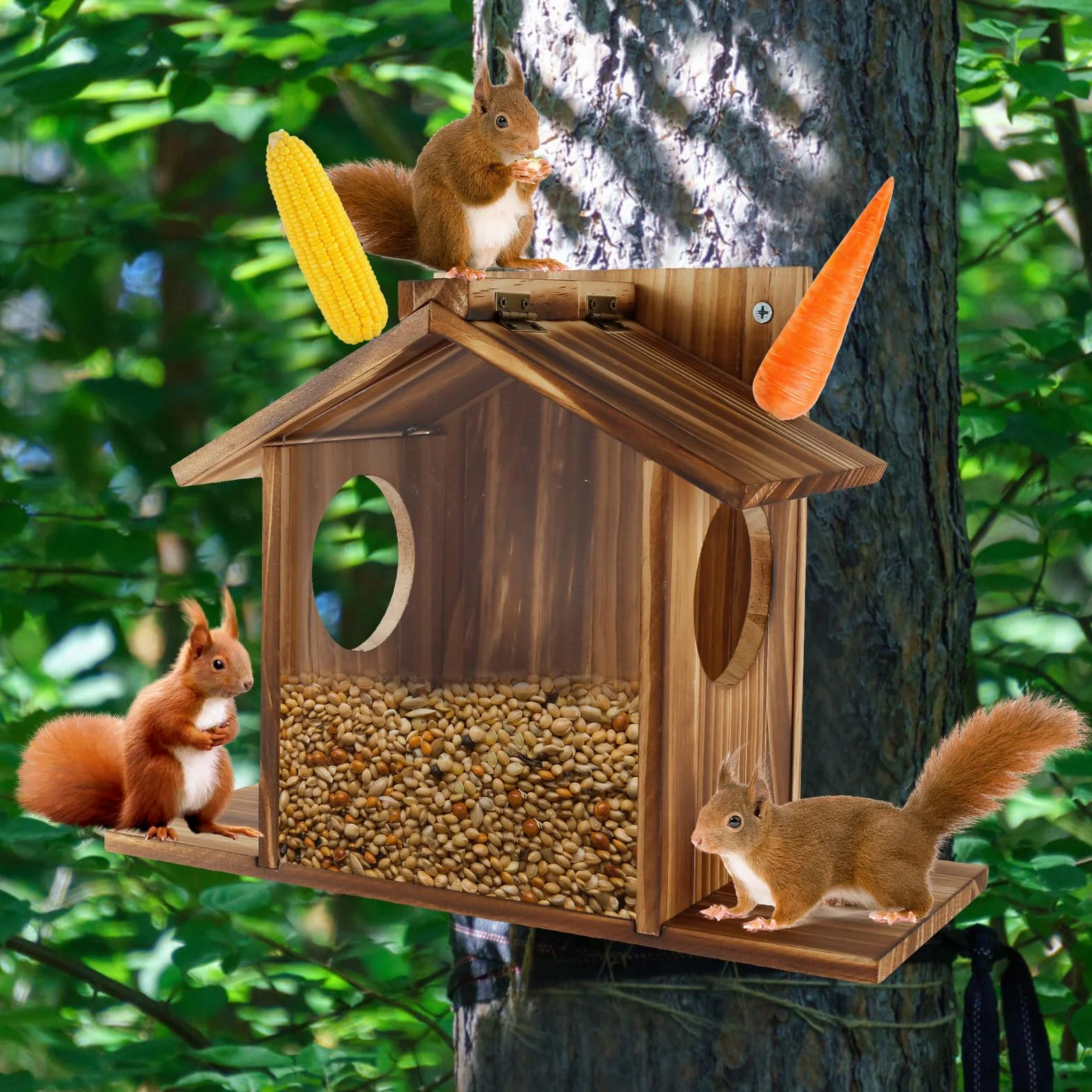 Mangeoire à écureuils en bois avec toit flexible, station d'alimentation extérieure grande capacité