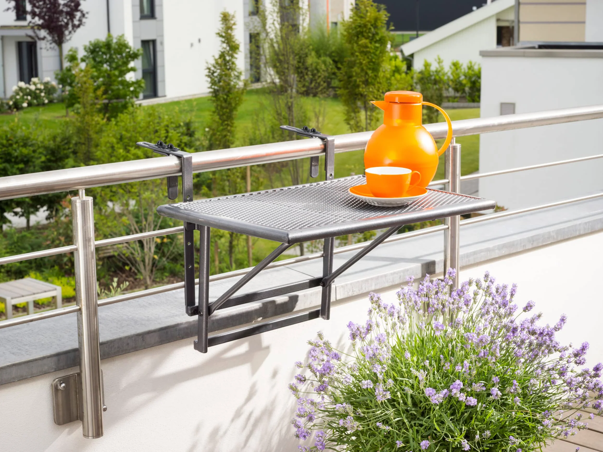 Greemotion Table de balcon suspendue Toulouse 40 x 60 cm gris métal rabattable pliante murale 2 personnes hauteur réglable