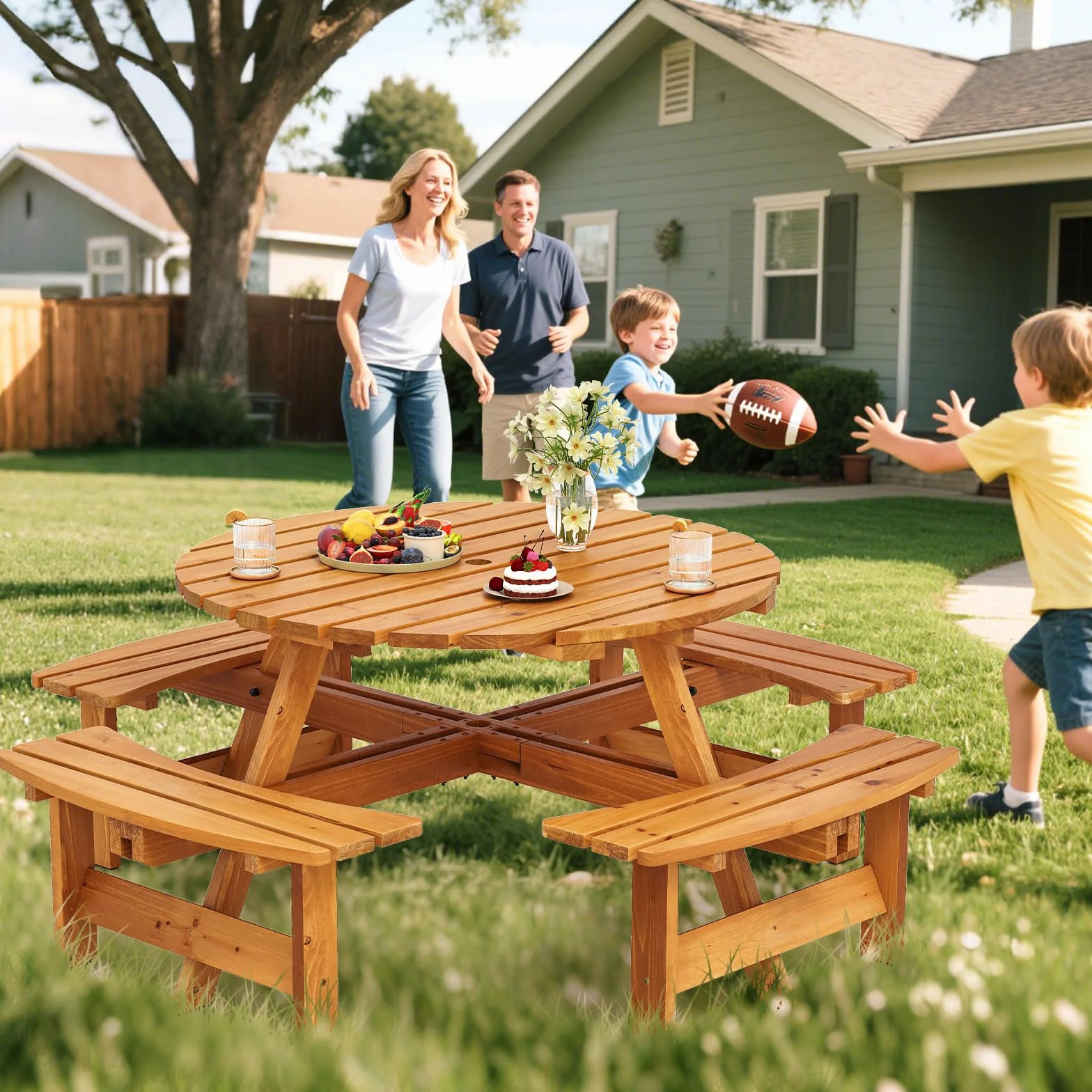 COSTWAY Table de Pique-Nique Bois 2-8 Personnes Set Jardin Bancs Circulaire 4 Bancs Intégrés Parasol 5 cm Jaune 179x179x70 cm