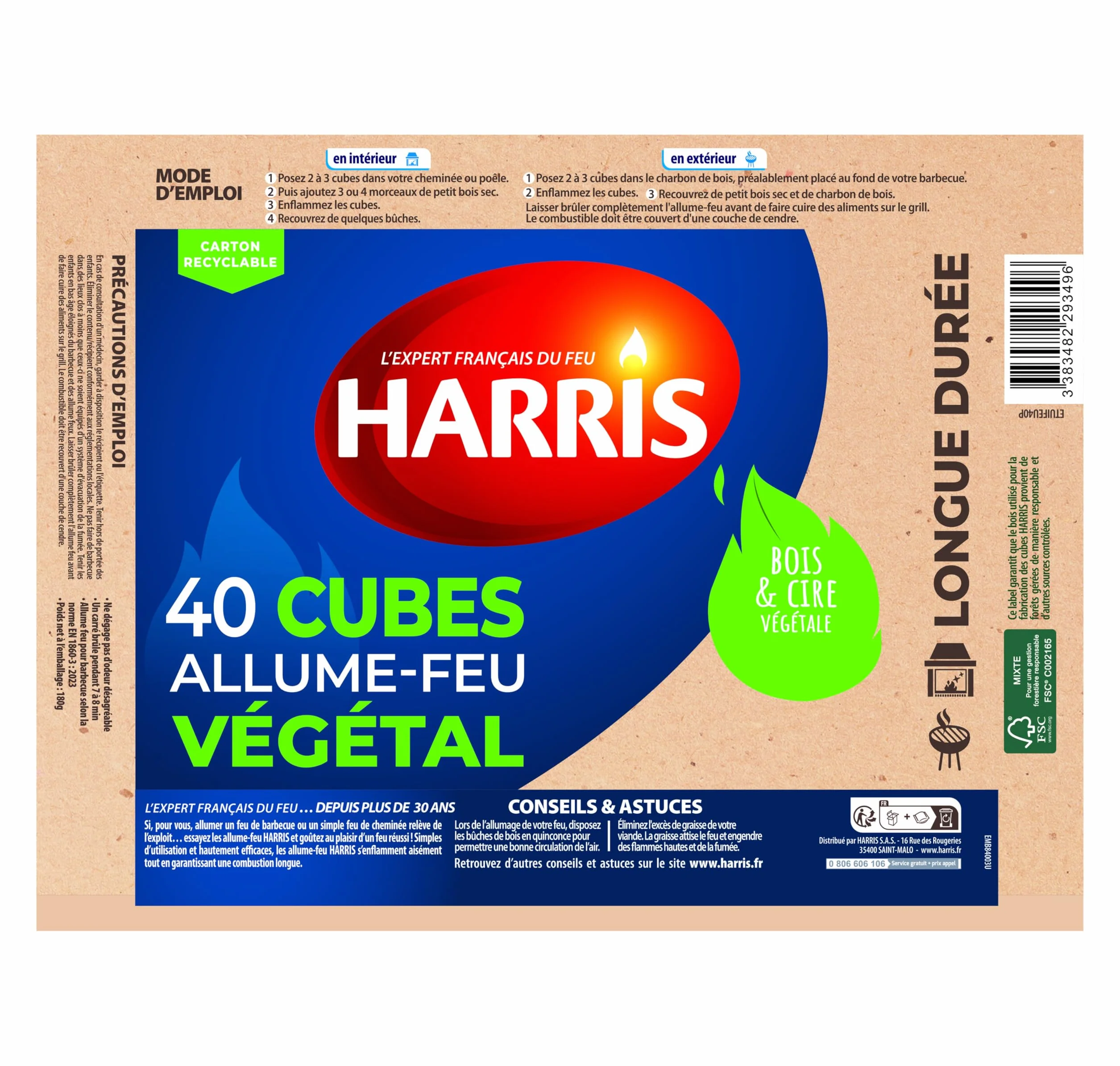 HARRIS 4° Cubes allume feu 100% végétal longue durée x40